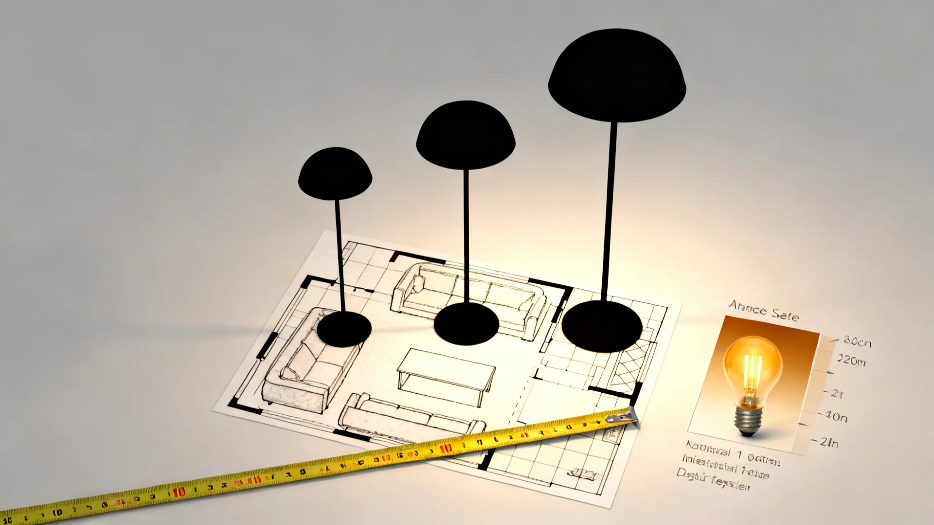 Top-down mockup of lamp silhouettes on a small living room floor plan with measuring tape