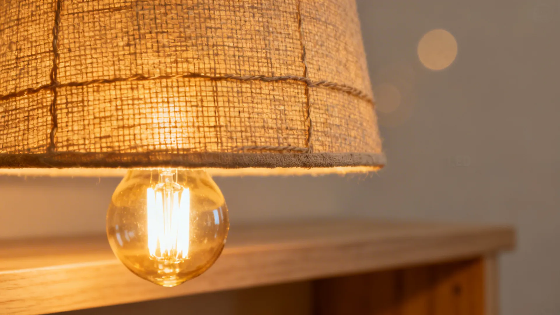 Close-up of a warm LED glowing through a linen lampshade with soft bokeh.