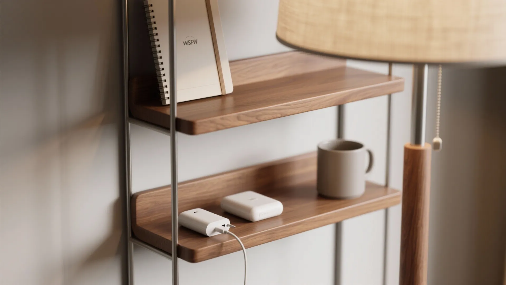 Wooden wall shelves holding a small white notebook and grey mug next to floor light