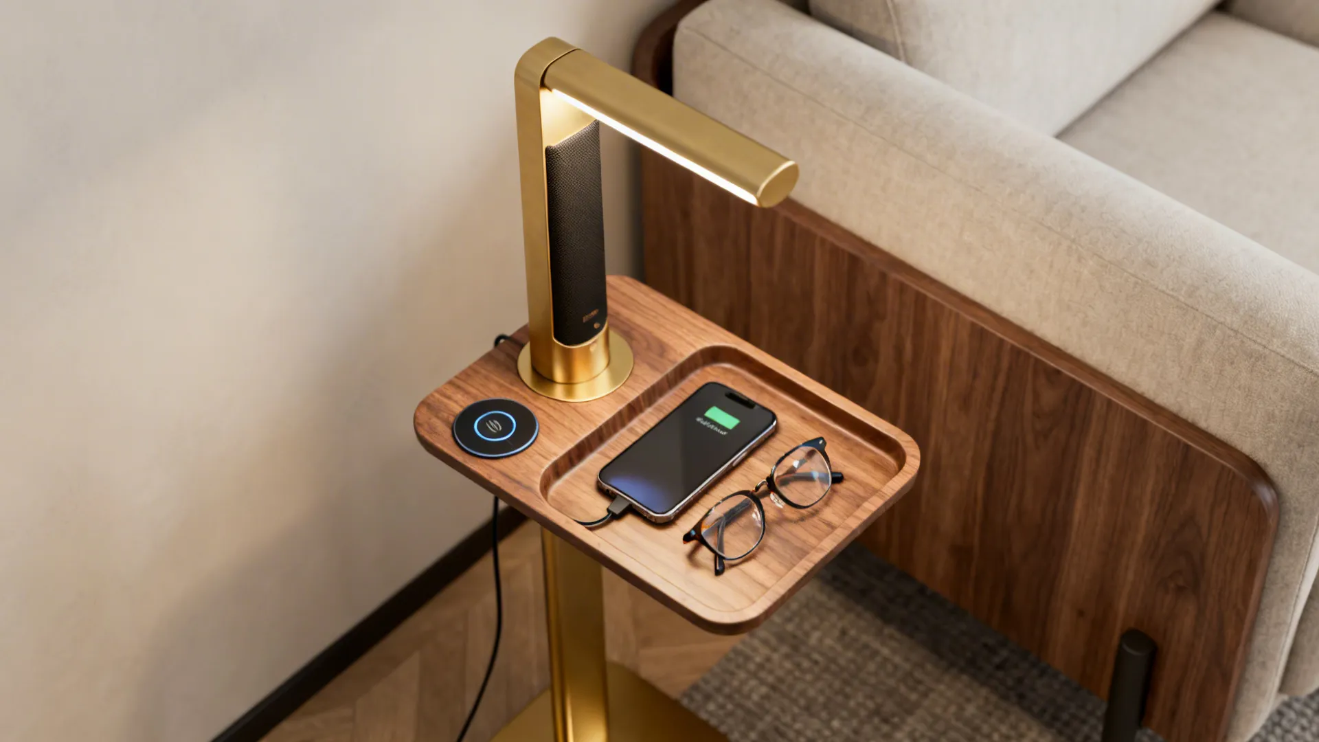 Multi-purpose cordless lamp with a small tray holding a phone and glasses, showing integrated wireless charging and wood/brass finish.