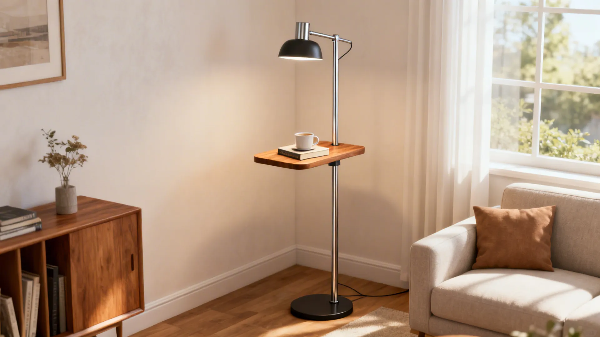 Floor lamp with integrated wooden side table holding a cup and book in a compact corner