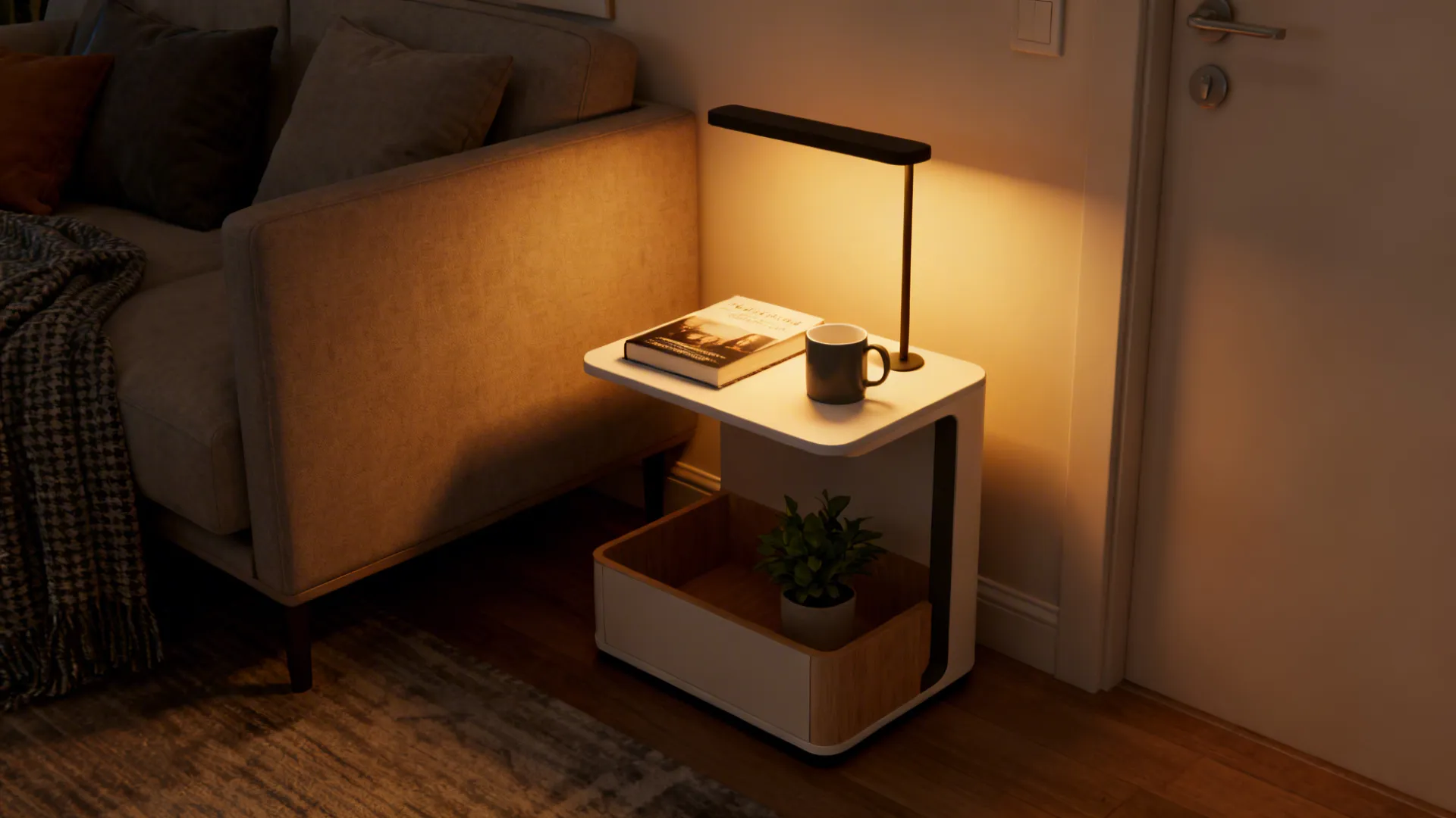 Multi-functional lamp with integrated side-table surface and shelf, ideal for small living spaces.