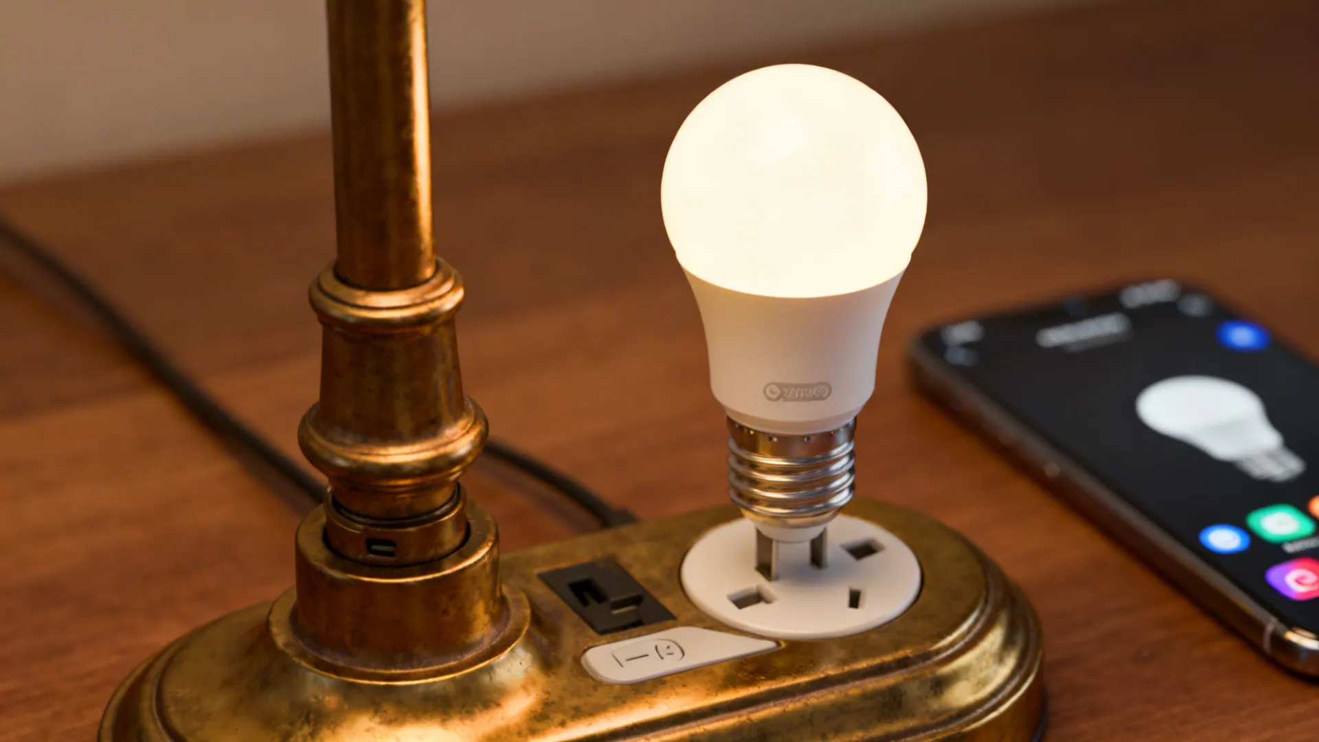 Close-up of lamp bases fitted with smart bulbs and a phone showing smart controls in the blurred background.