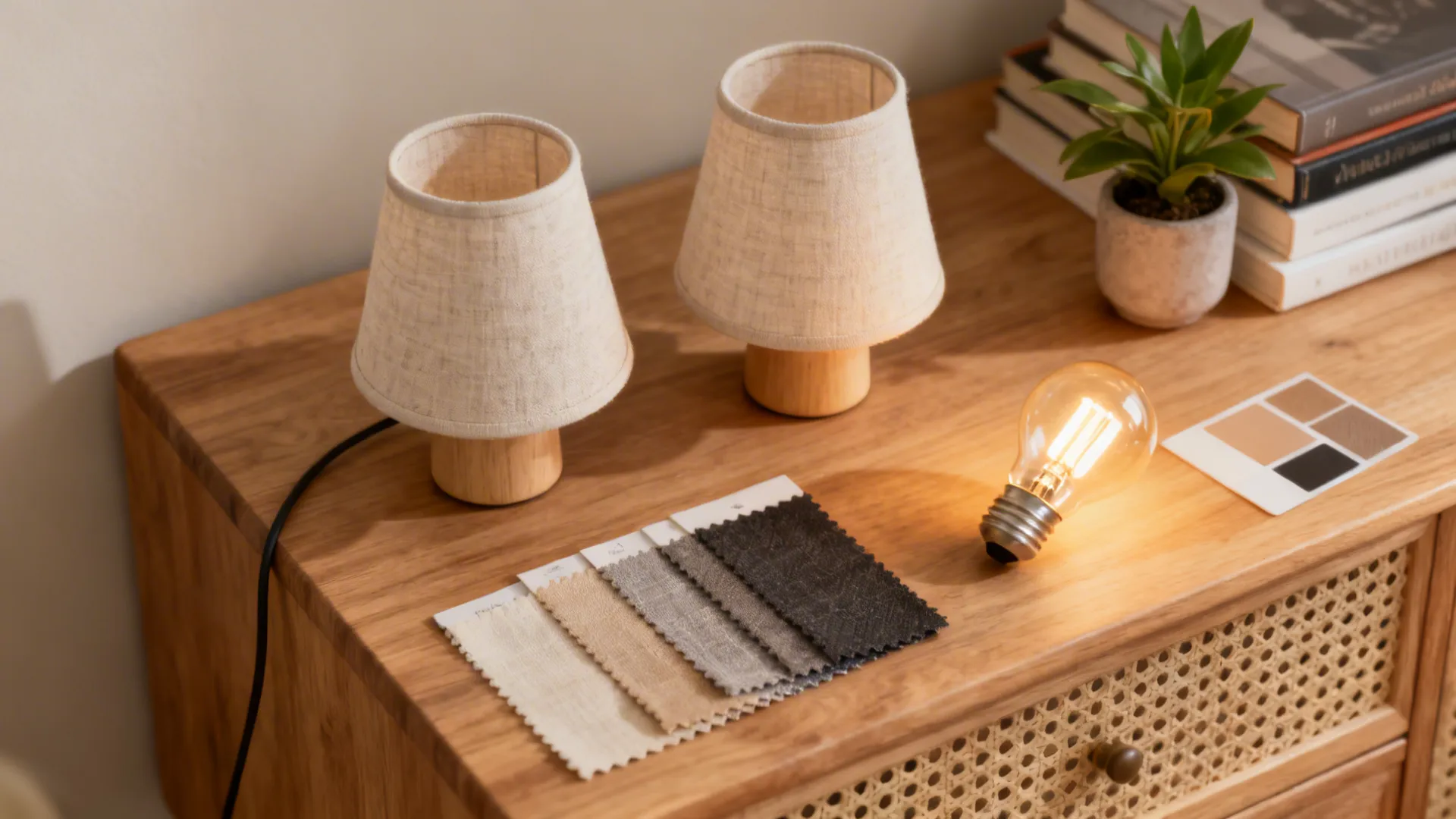 Flatlay of lamp styling items including shades, bulb, fabric swatches and a small plant for lamp placement tips.