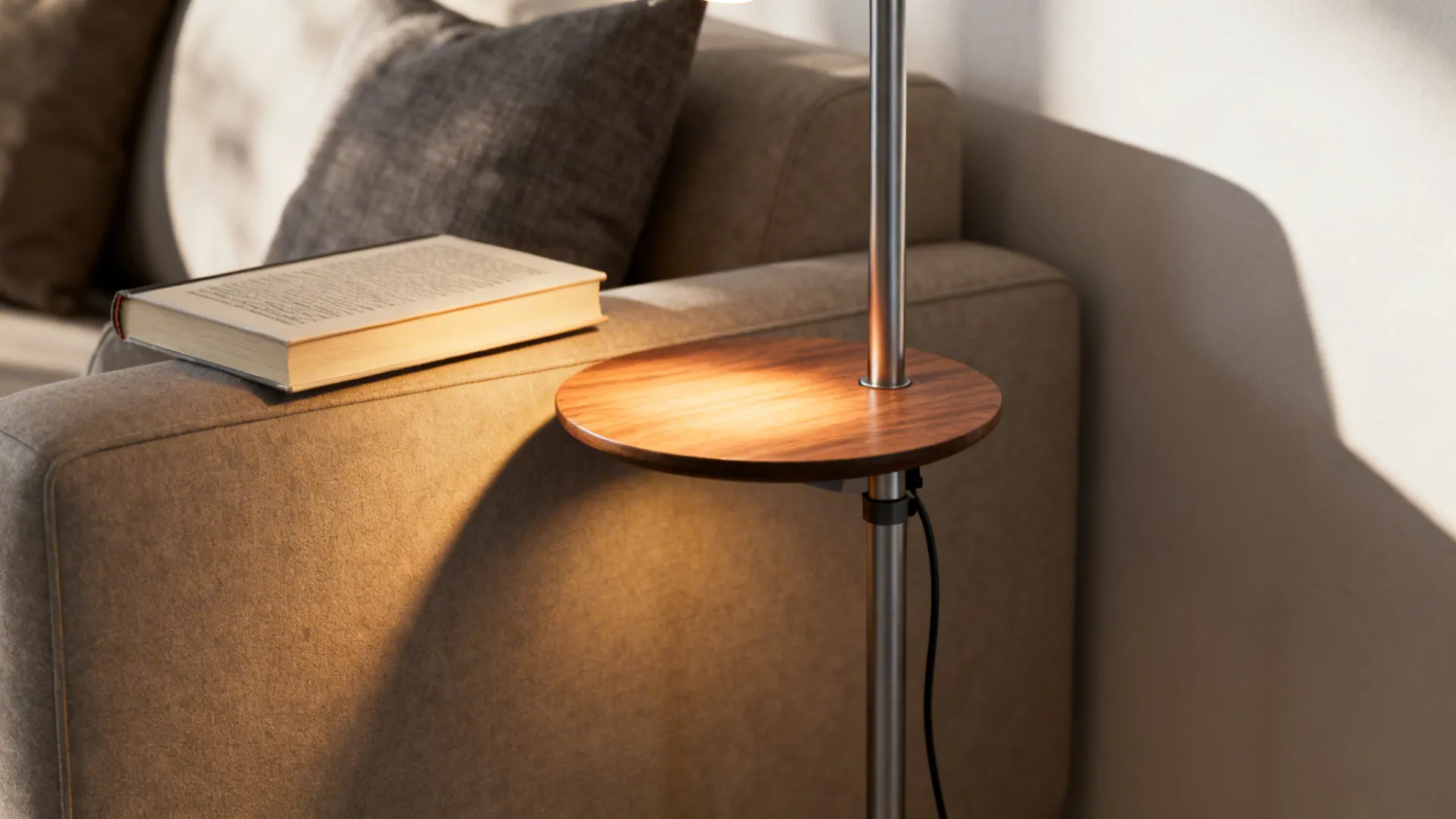 Reading corner with an integrated lamp-and-table combo providing task light beside a sofa.