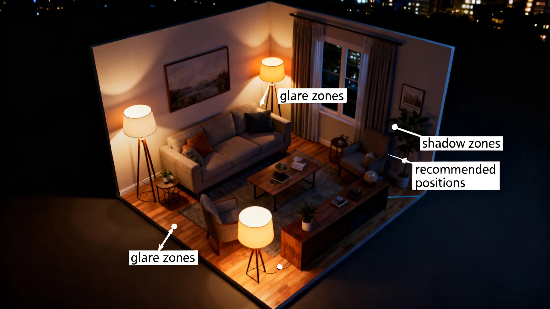 Night mockup of lamp placements showing glare and shadow zones for testing at night