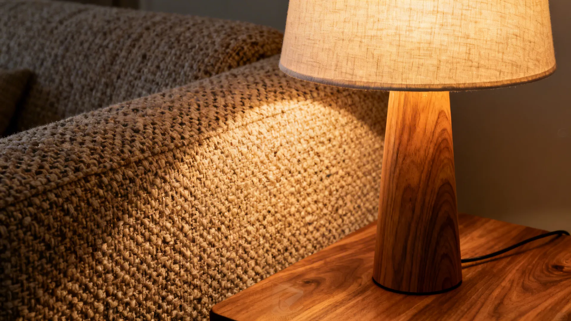 Close-up of a floor lamp’s warm glow on boucle fabric and oak tabletop.