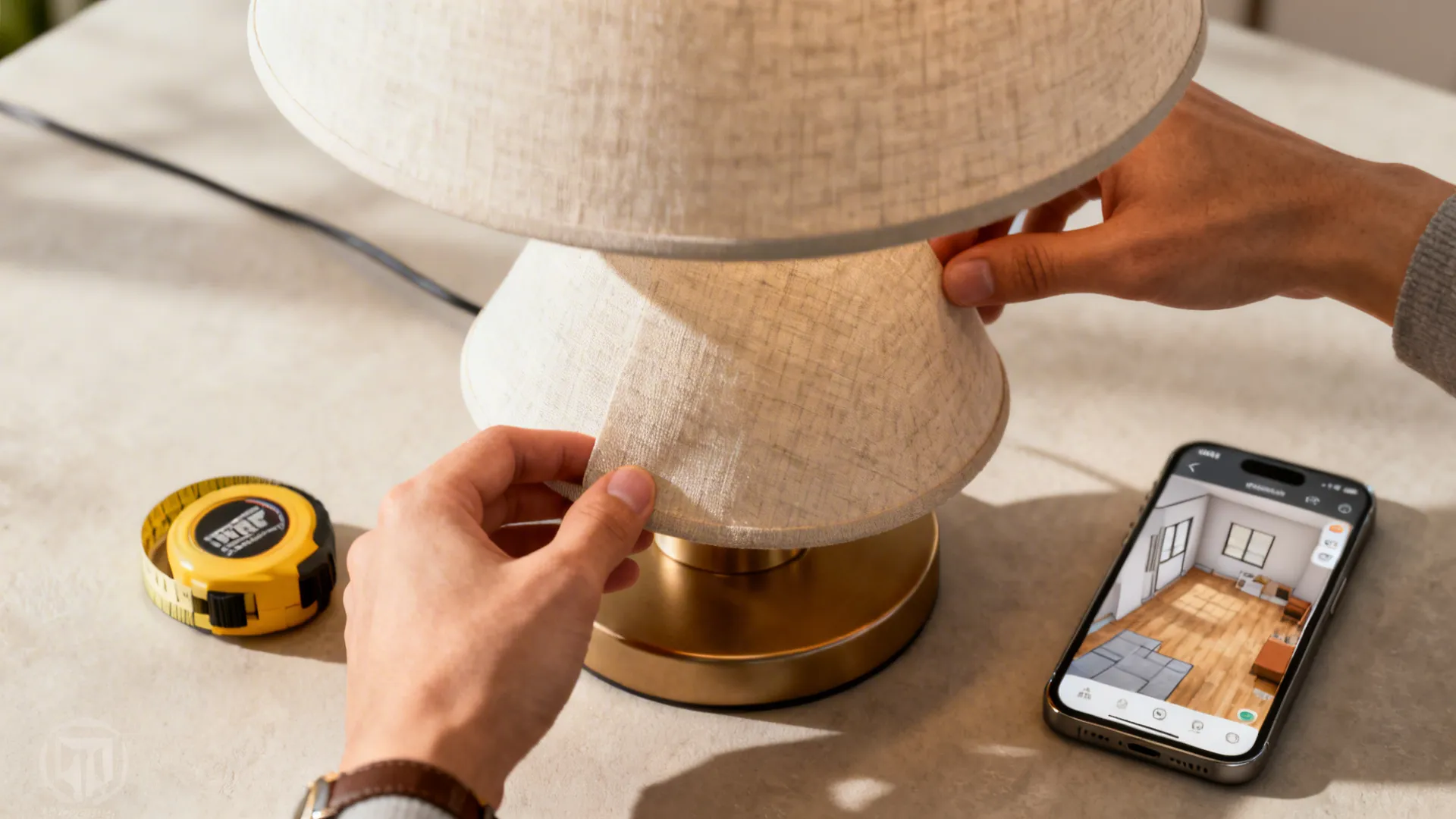Hands swapping a lampshade and measuring a lamp while a 3D floor planner is open on a phone.