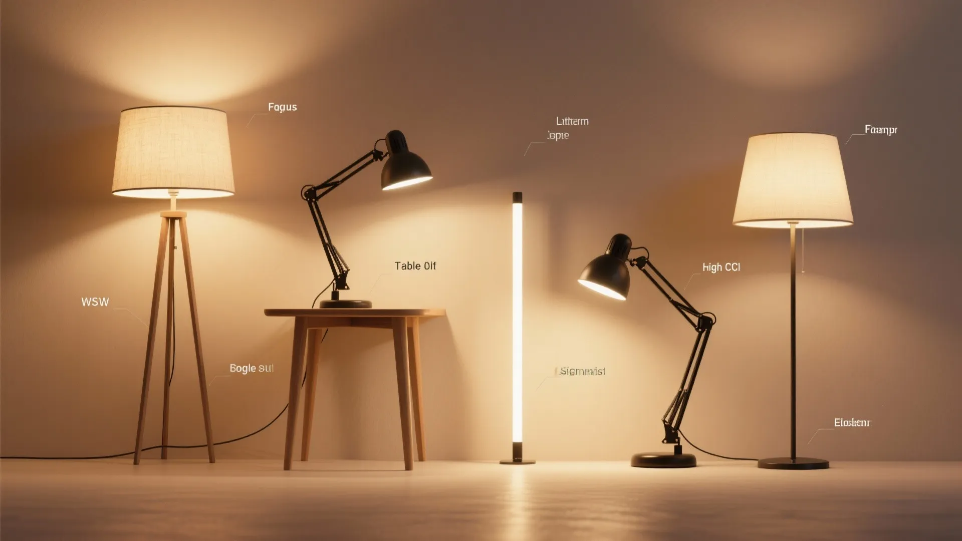 Various indoor light fixtures including floor lamps and desk lamps with warm glow on wall