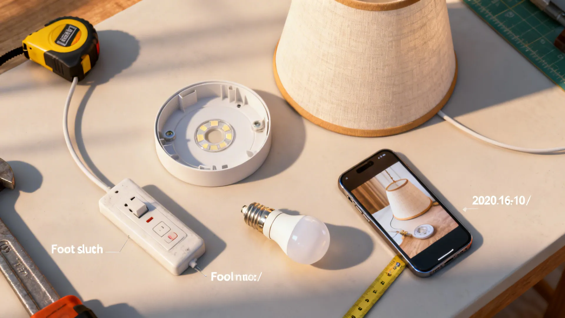 Top-down view of lamp upgrade parts: shade, foot switch and dimmable LED bulb.