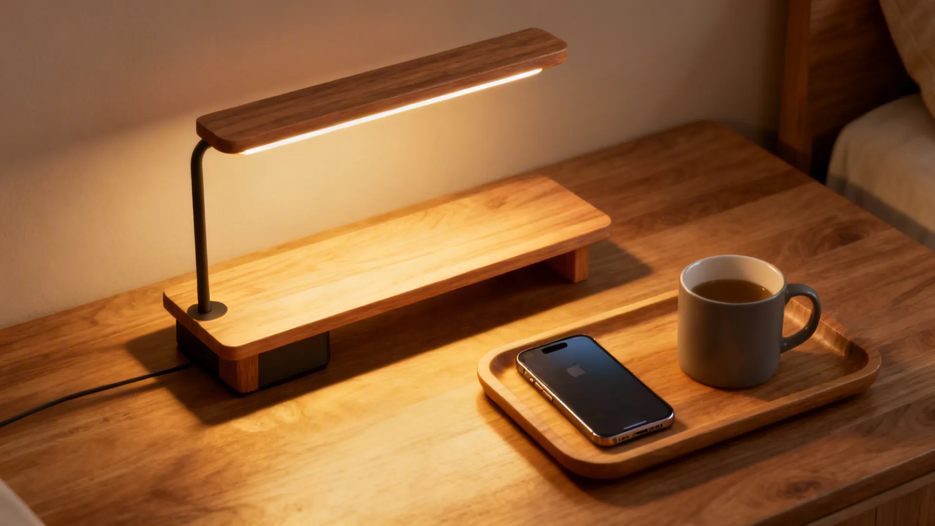 Modern wooden desk light fixture shining on a tray with a smartphone and grey coffee mug