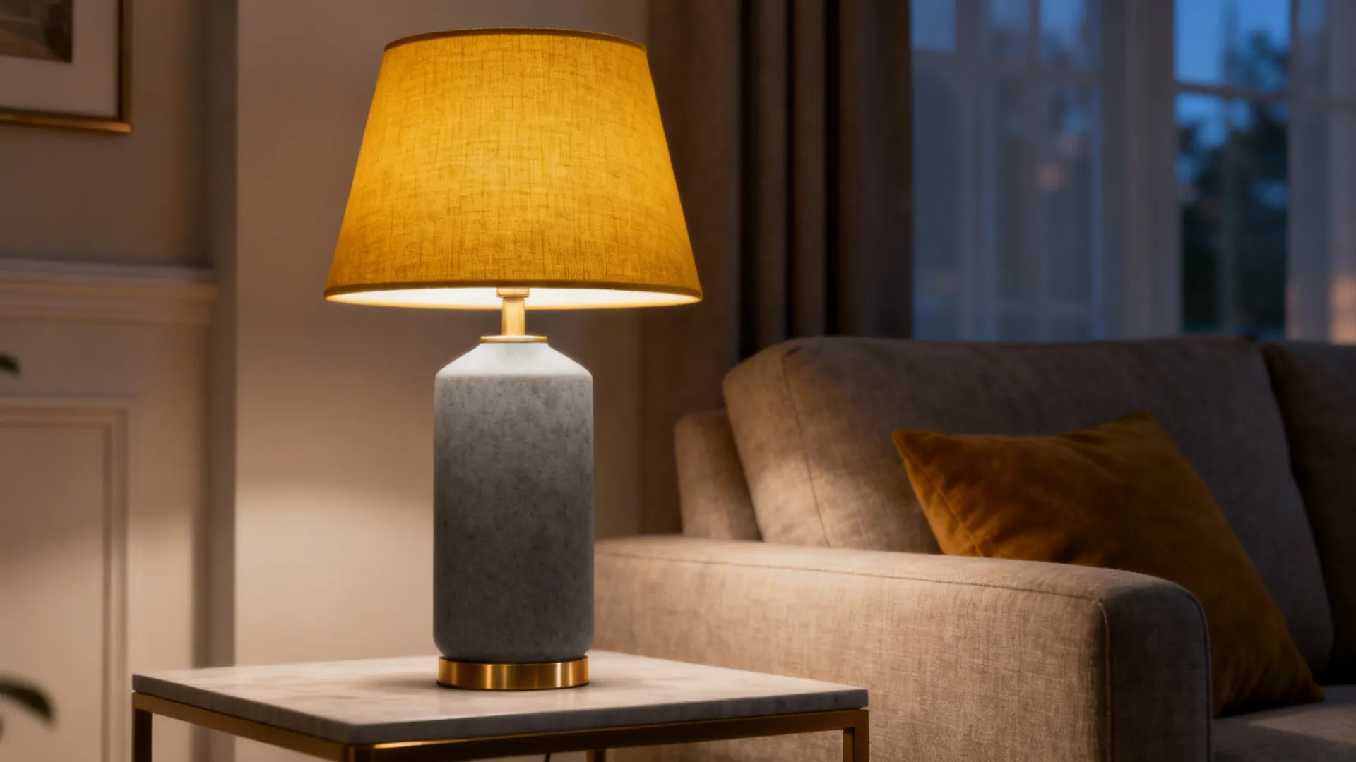 Grey lamp with a mustard yellow shade casting a warm cozy glow beside a sofa.
