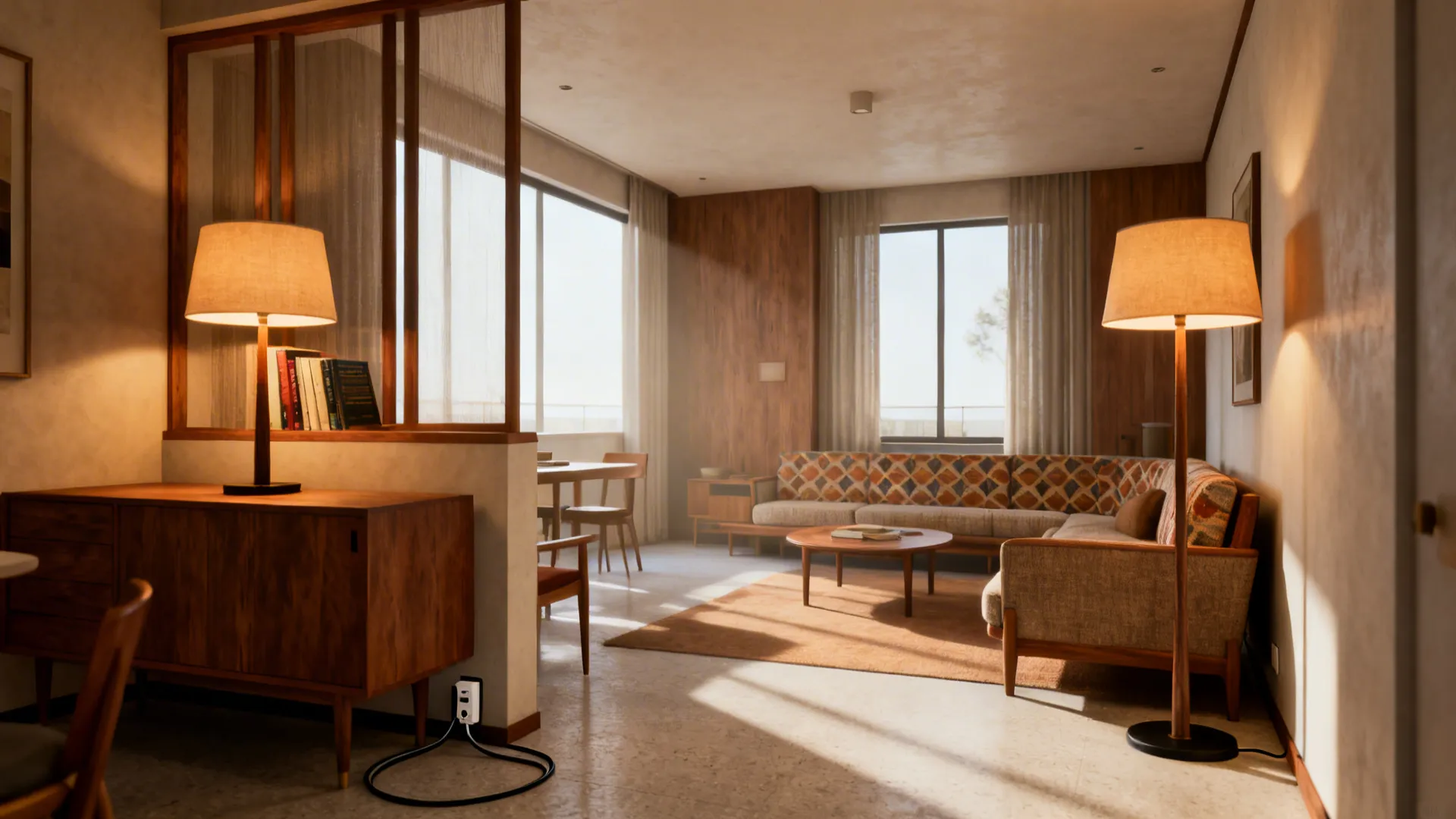 Open-plan living room where two lamps define a reading nook and seating area, showing hidden cords.