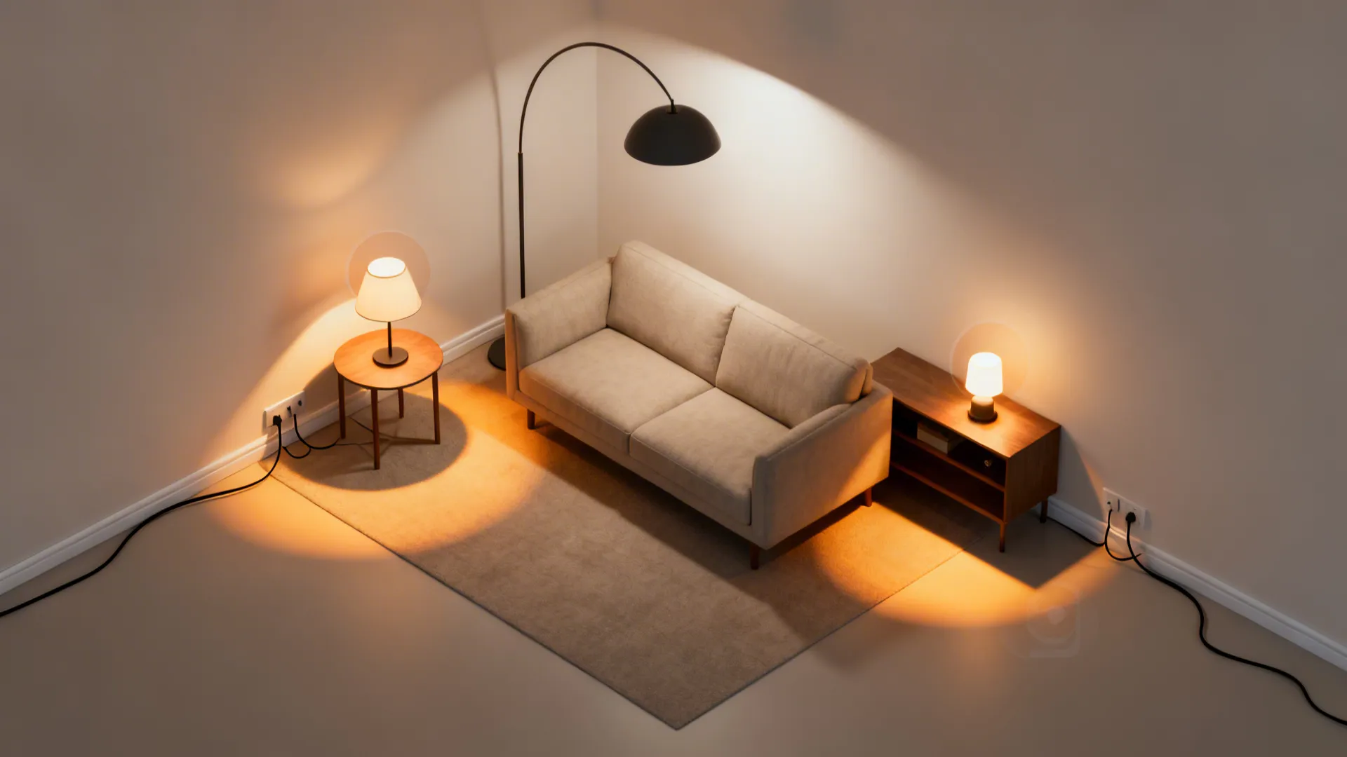 Top-down layout showing ambient, task, and accent lamp zones in a compact living room.