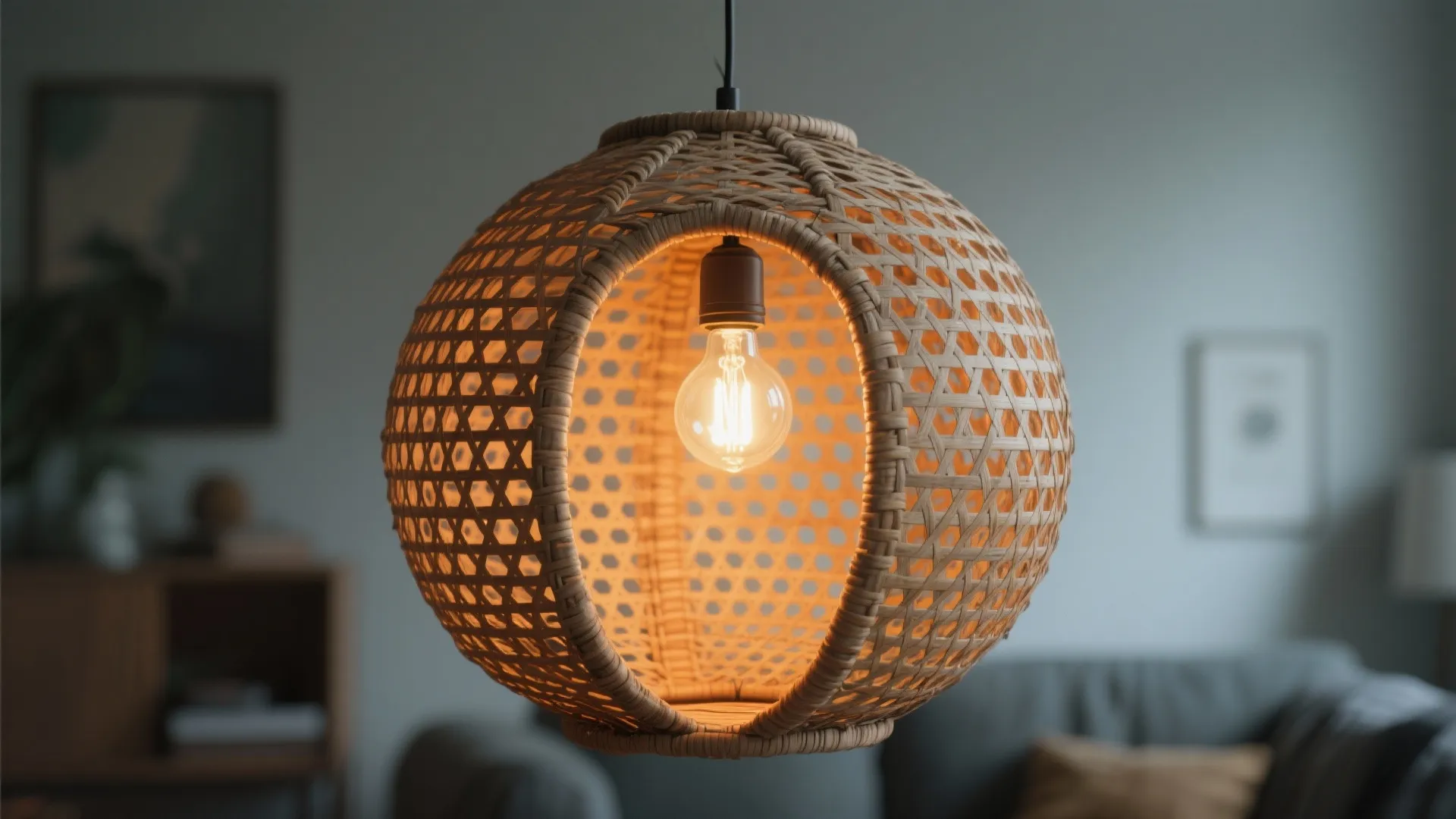 Round woven wood ceiling light hanging in a living room with a glowing bulb inside