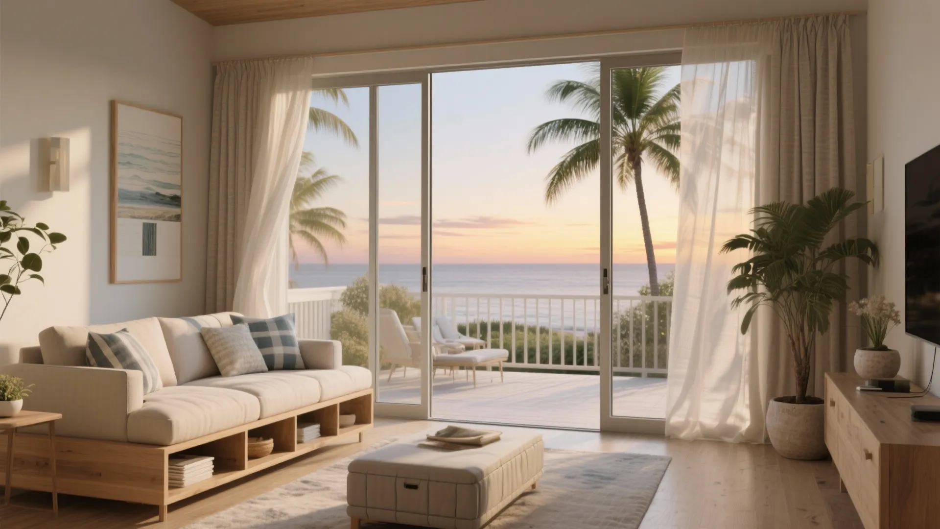 Living room with slim sliding doors opening to a compact lanai with coastal storage