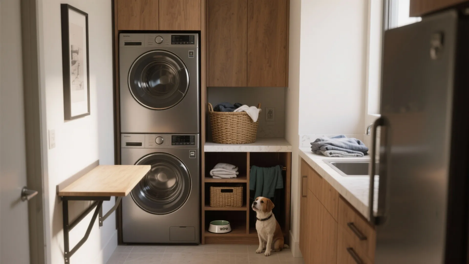 Modern laundry room featuring stacked silver washing machines wood cabinets a small dog and baskets