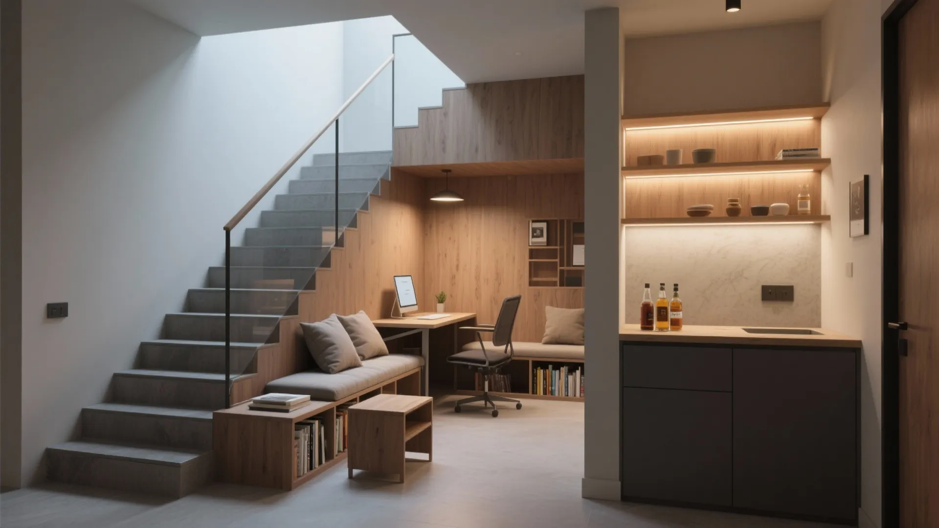 Wide stair landing converted into a reading nook with built-in bench, fold-down desk, and small beverage counter.