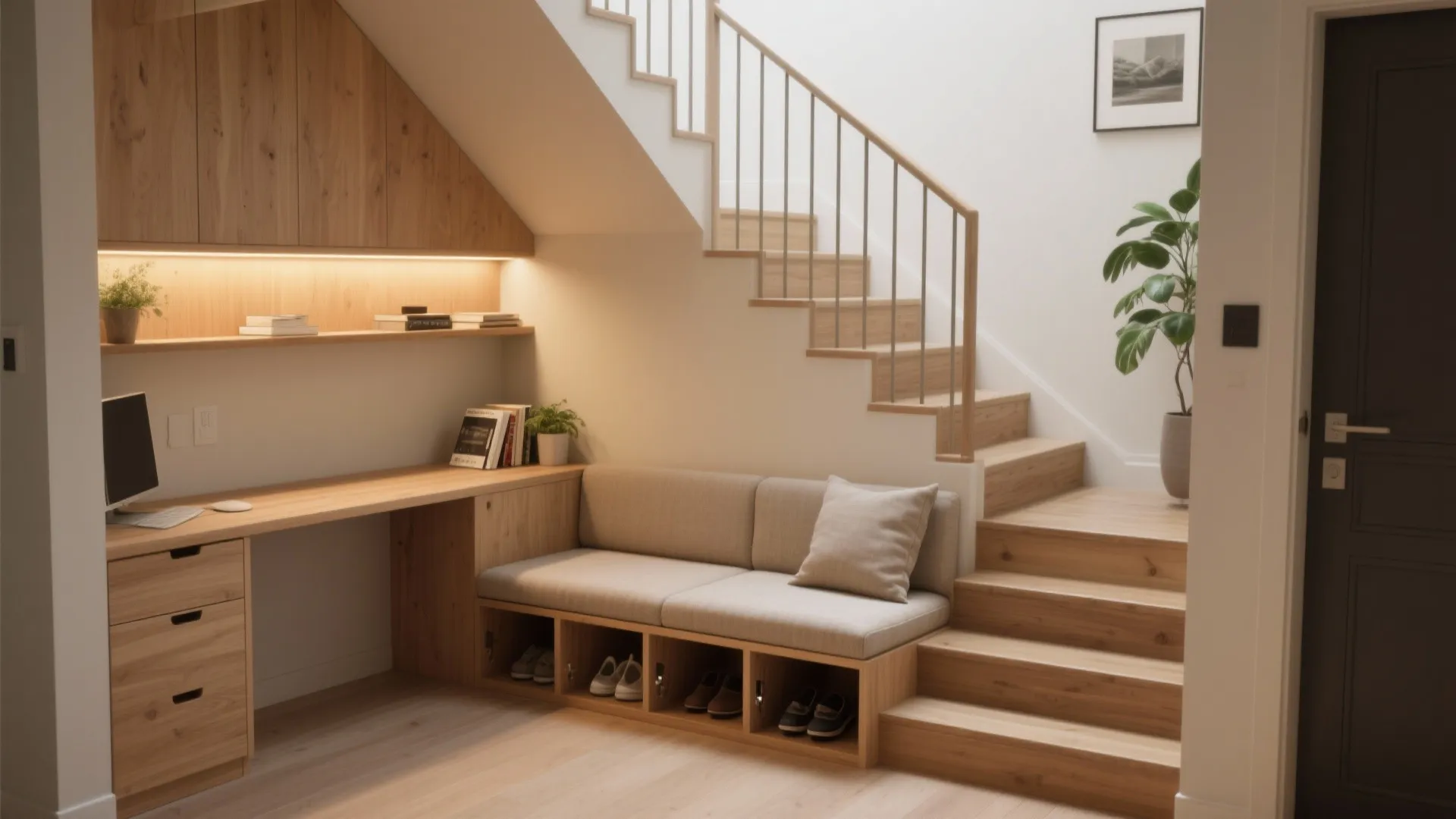 Modern wood home office under stairs with desk chair shelving sofa seating and shoe storage
