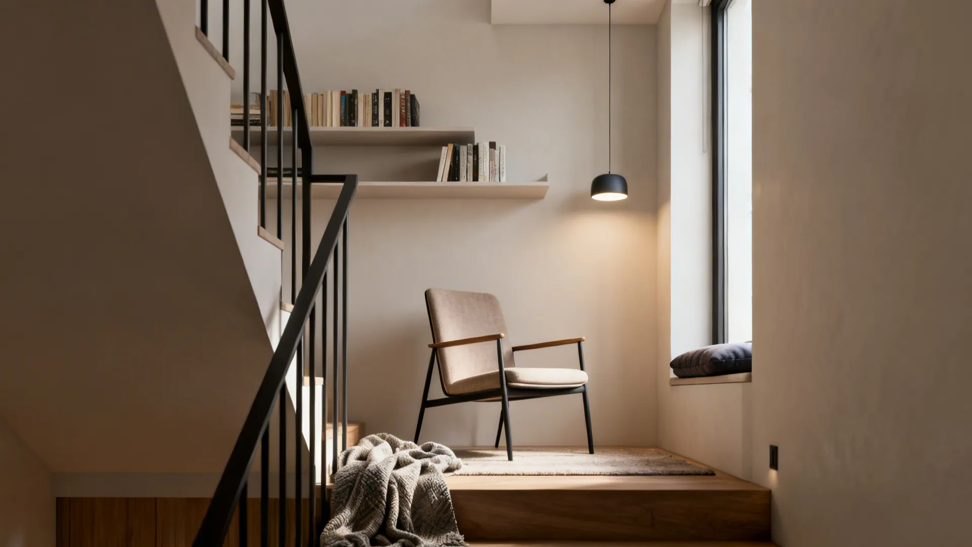 2. Use the landing as a micro lounge or reading nook