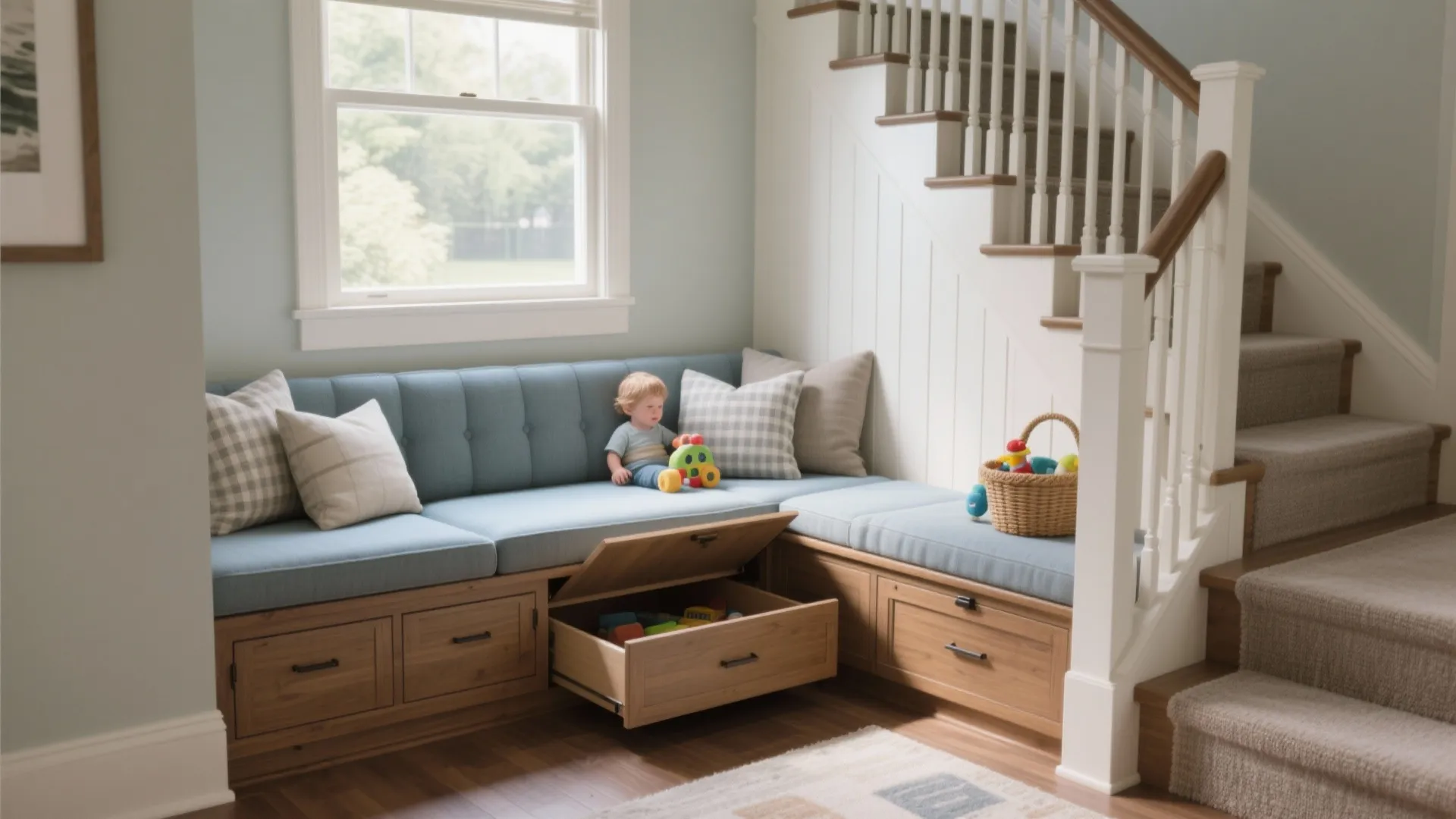 4. Built-in seating at the landing