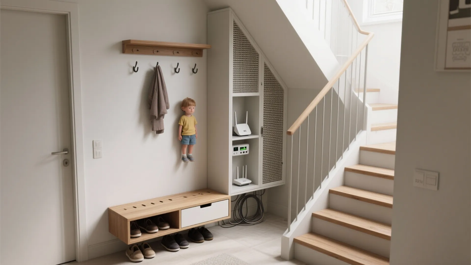 Smart storage at the landing: bench, hooks, and hidden tech