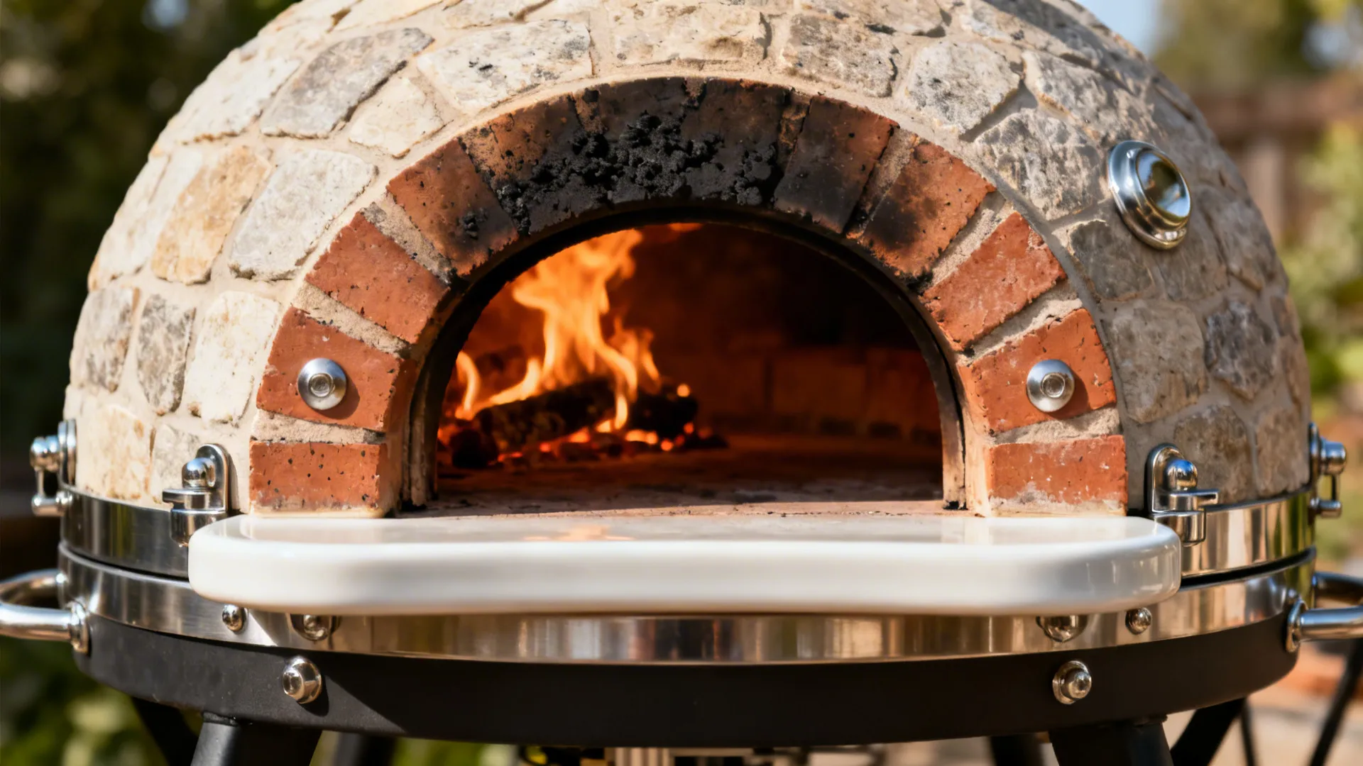 Close up of stone pizza oven with burning wood fire and white shelf in front