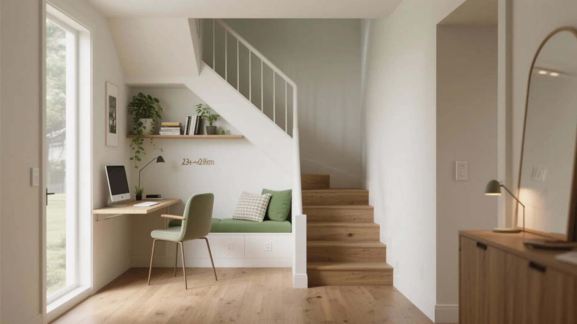 Upstairs landing with a slim desk, armless chair, and reading nook, maintaining a clear 36-inch path.