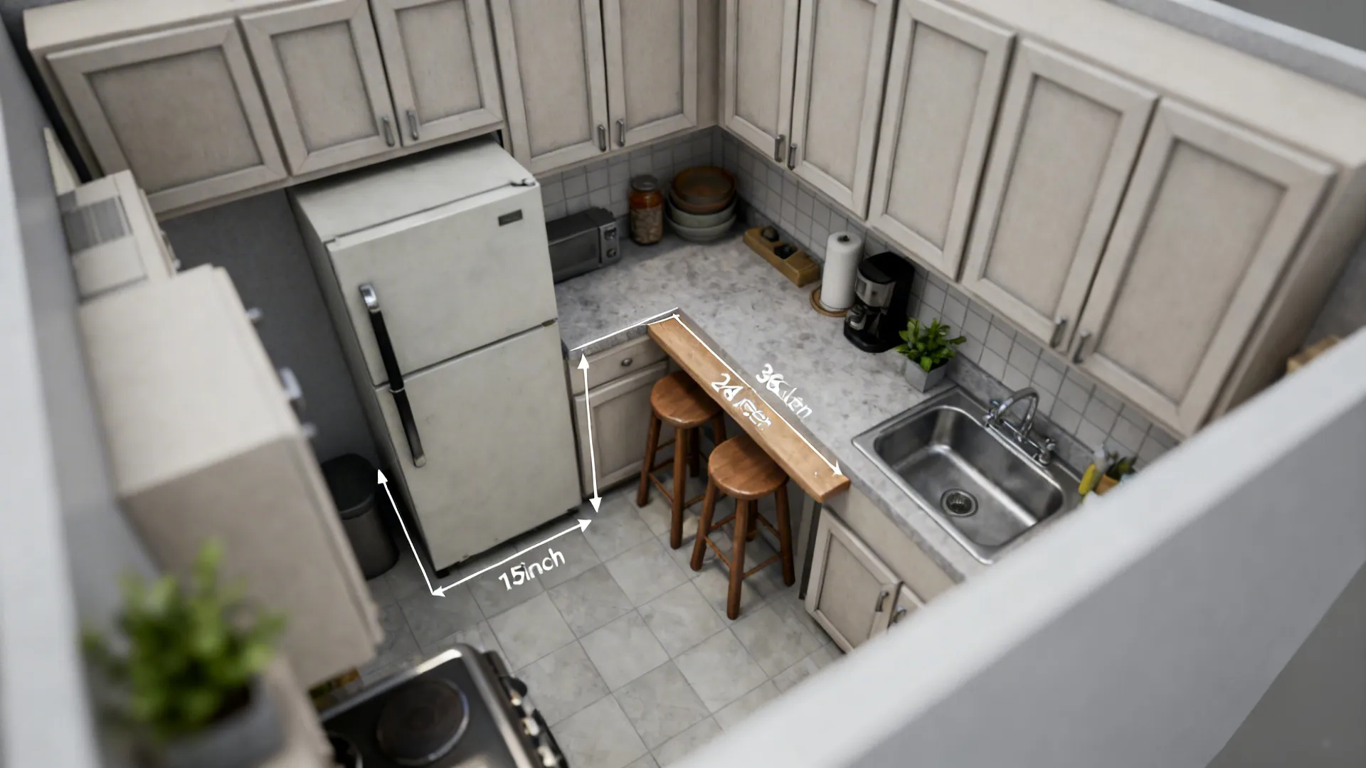 Top-down view highlighting clear landing spaces and a 36-inch aisle in a compact kitchen.