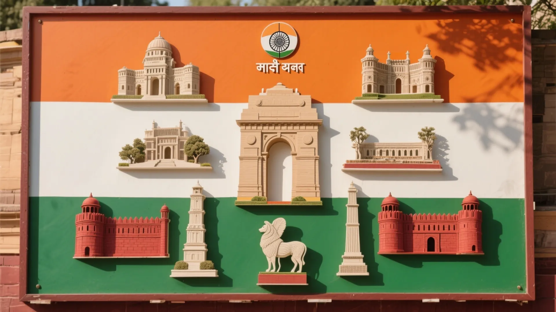 Wall board with Indian flag colors showing different 3D building models and a center gate