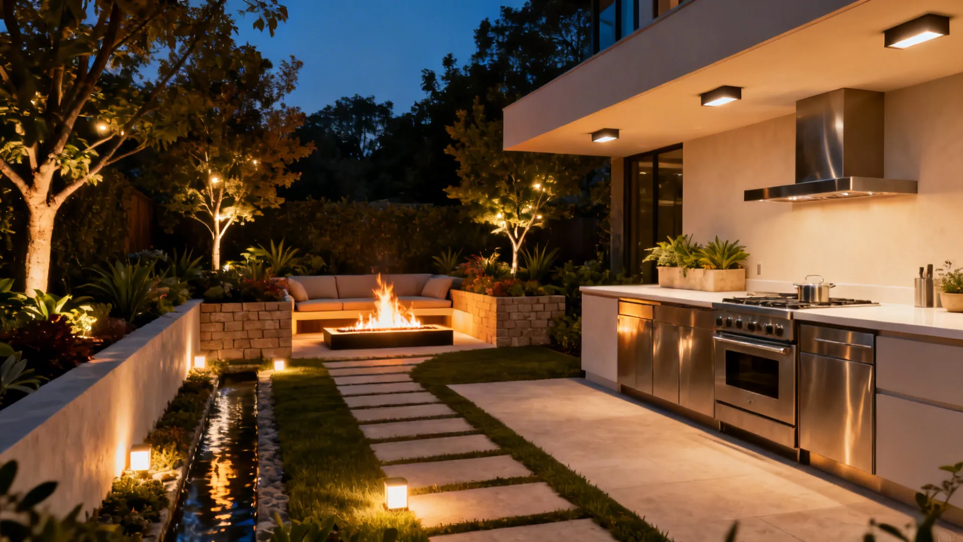 Landscape Integration: Fire, Water, and Night Lighting