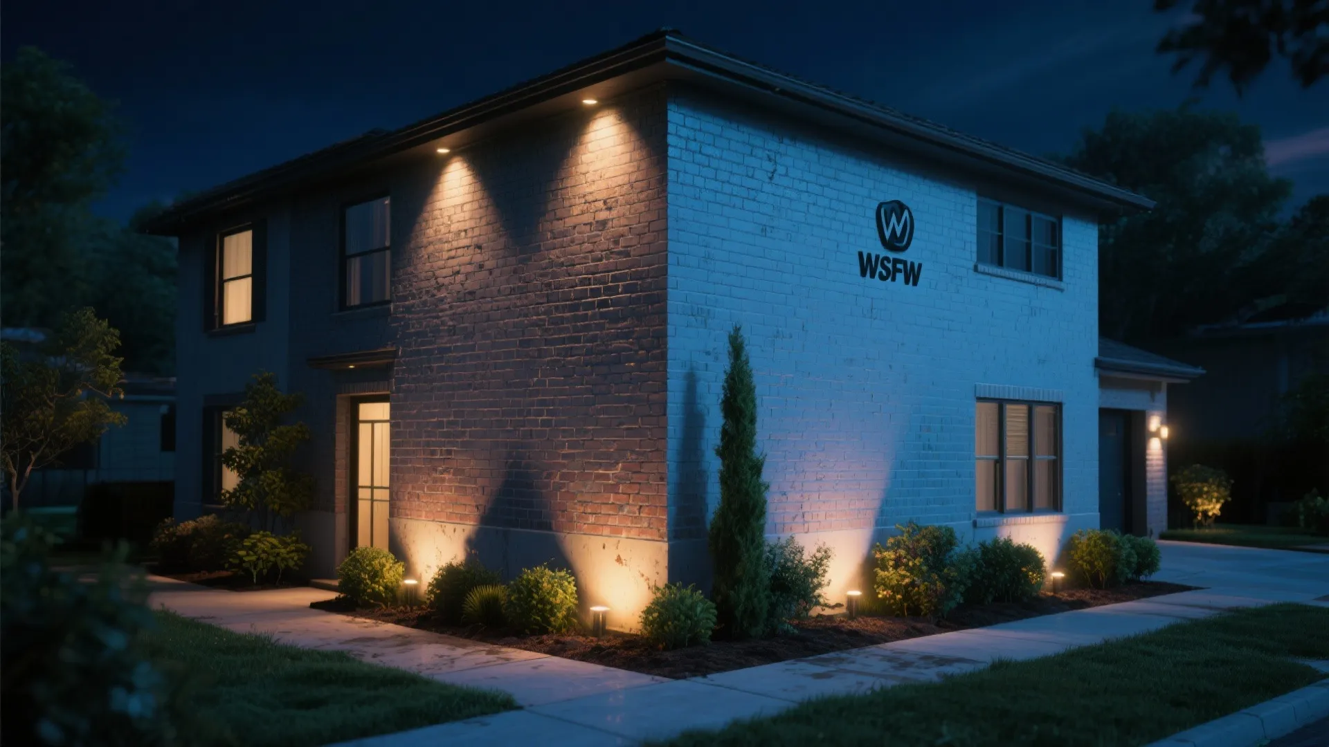 Painted brick facade lit by uplights at night with greenery and careful planting distance to prevent moisture issues.