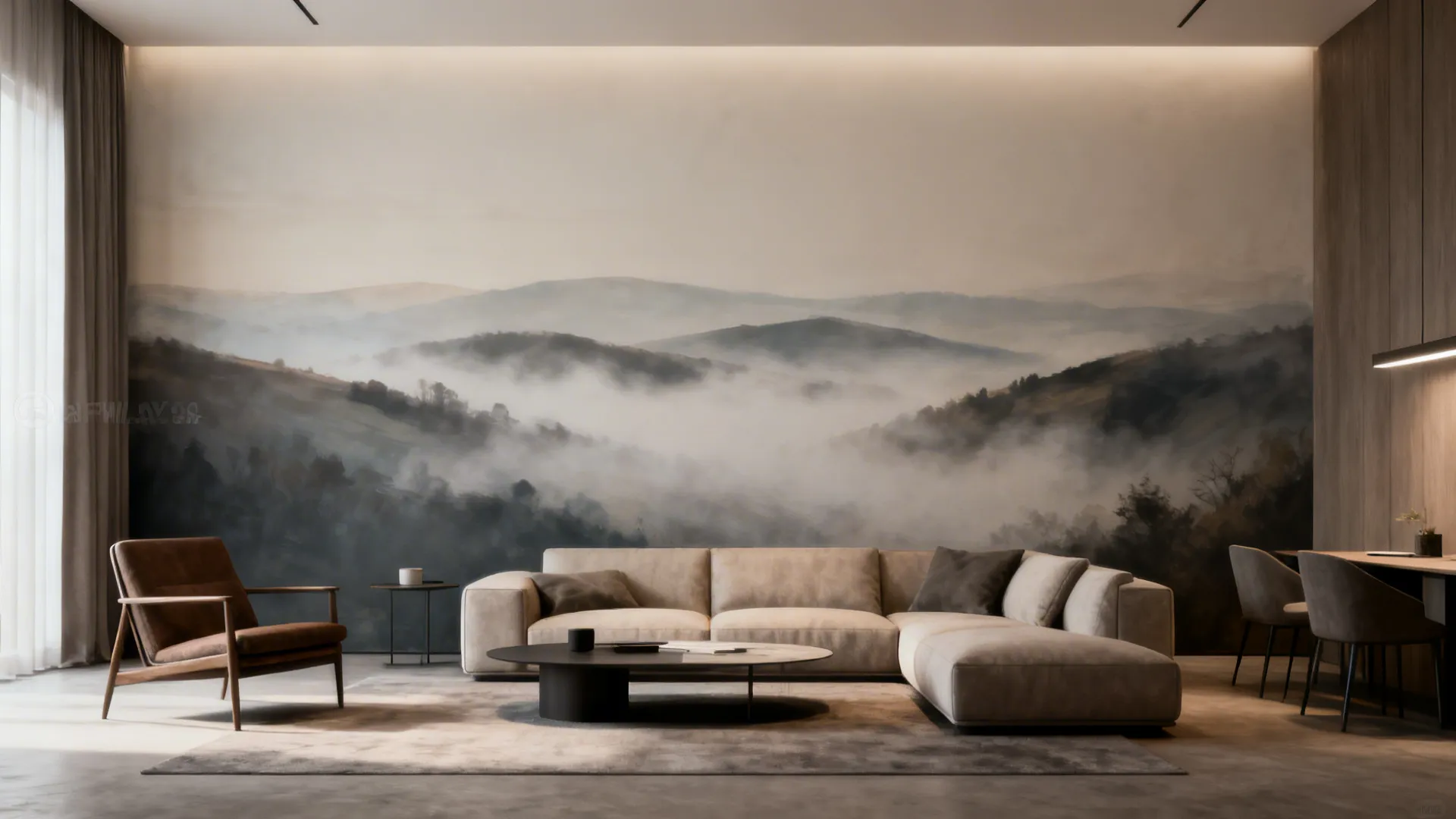 Modern living room featuring mountain landscape mural, beige sectional sofa, brown armchair, and coffee table