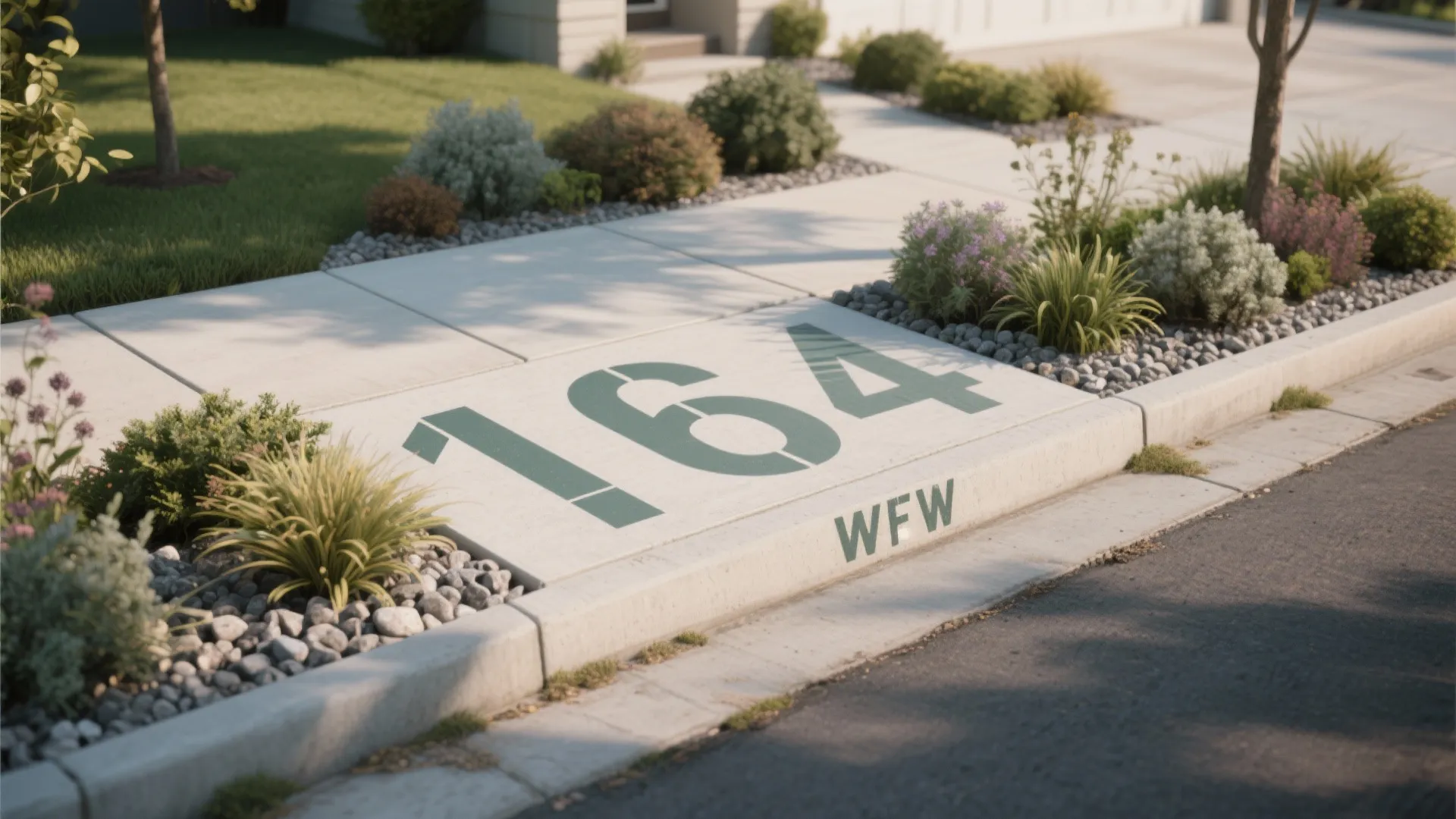 Green house numbers stenciled on a concrete sidewalk next to a garden with small plants