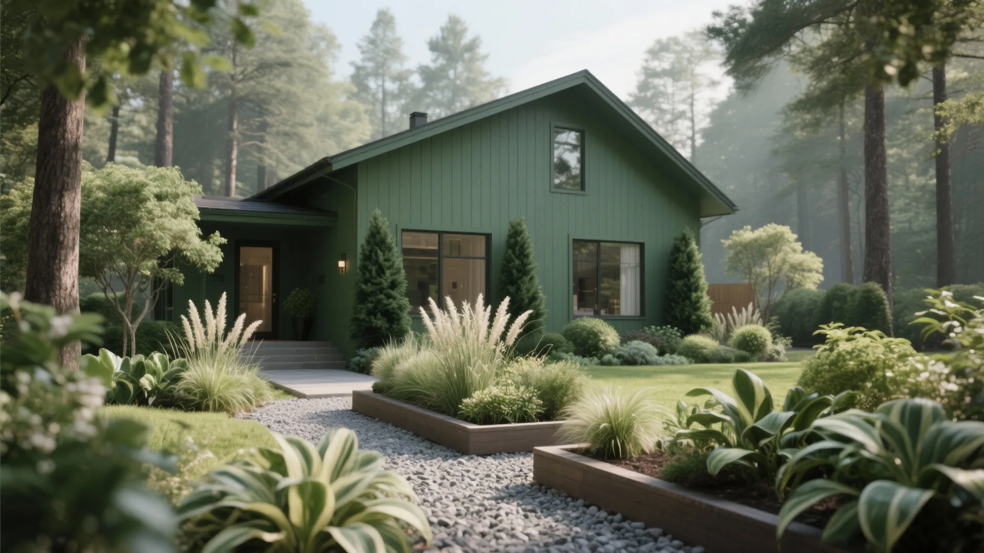 Forest green house with lighter foliage, gravel path and balanced landscaping that complements the facade.