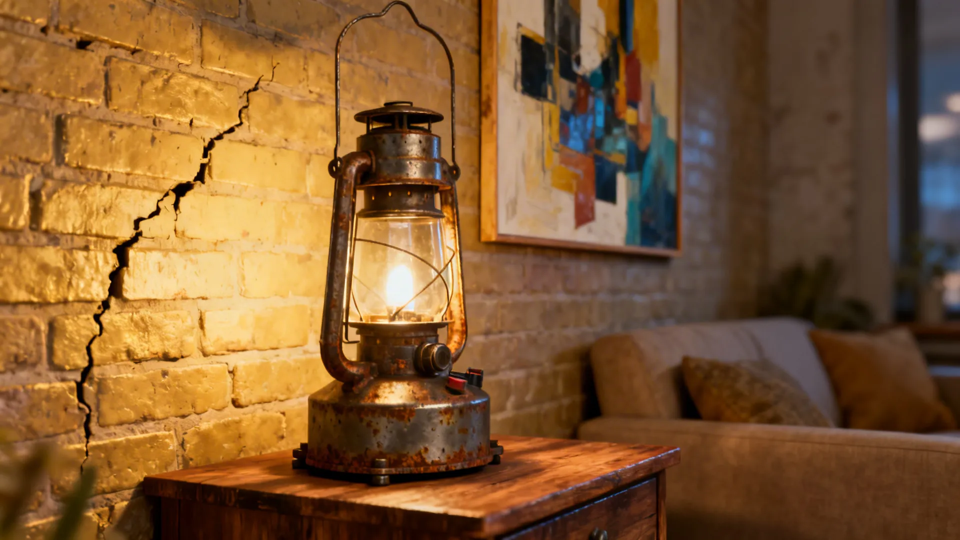 Portable lantern-style battery lamp on a side table accenting artwork in a small living room corner.