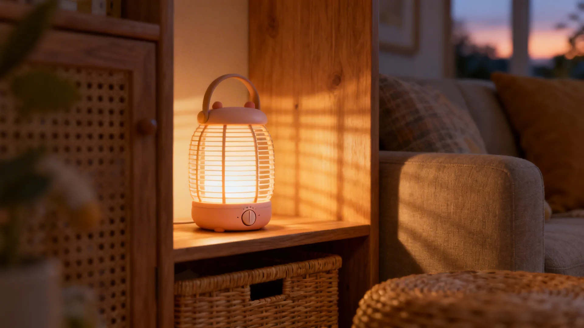 Ambient LED lantern-style cordless lamp casting a warm halo on a low shelf in a small living room corner.