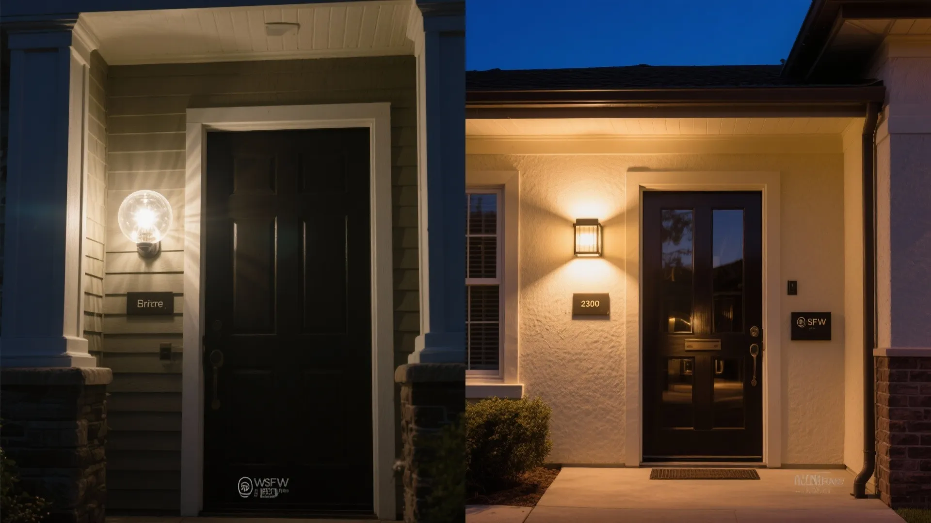 Before and after comparison of different outdoor wall light fixtures on a house front entrance