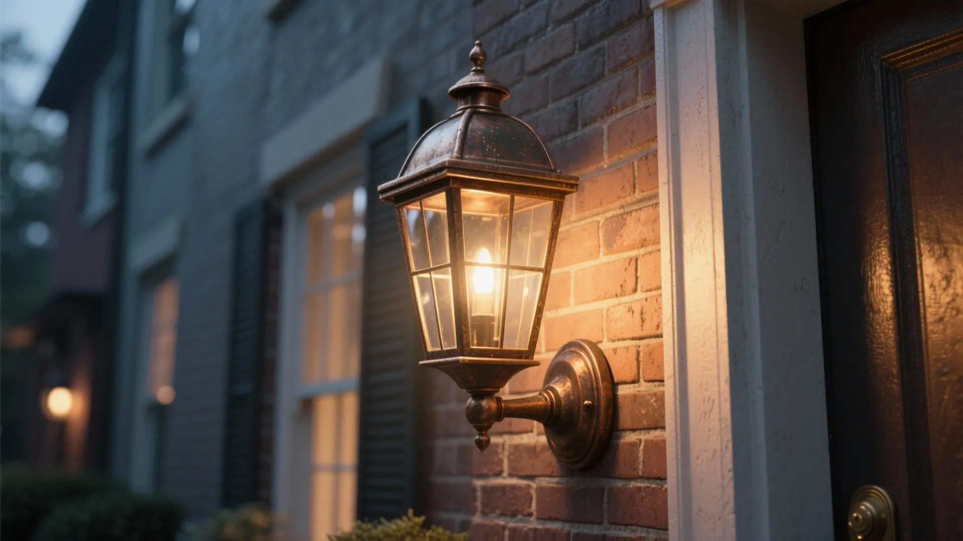Vintage bronze wall light glowing on a brick wall next to a house front door