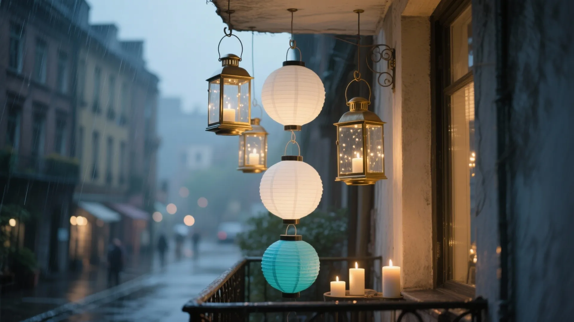 Hanging lanterns and round paper lamps outside window during rain with warm candles on windowsill