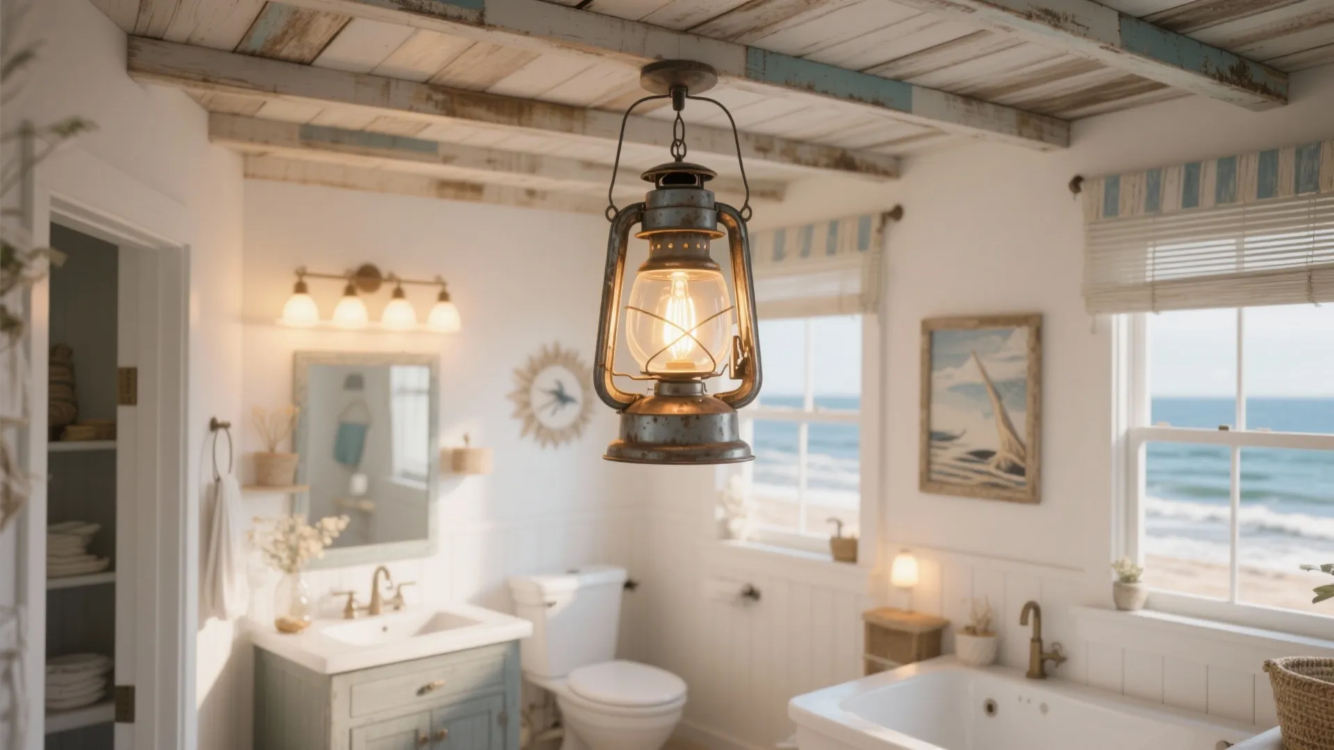 Rustic bathroom with vintage lantern ceiling light wood ceiling white walls and beach ocean view