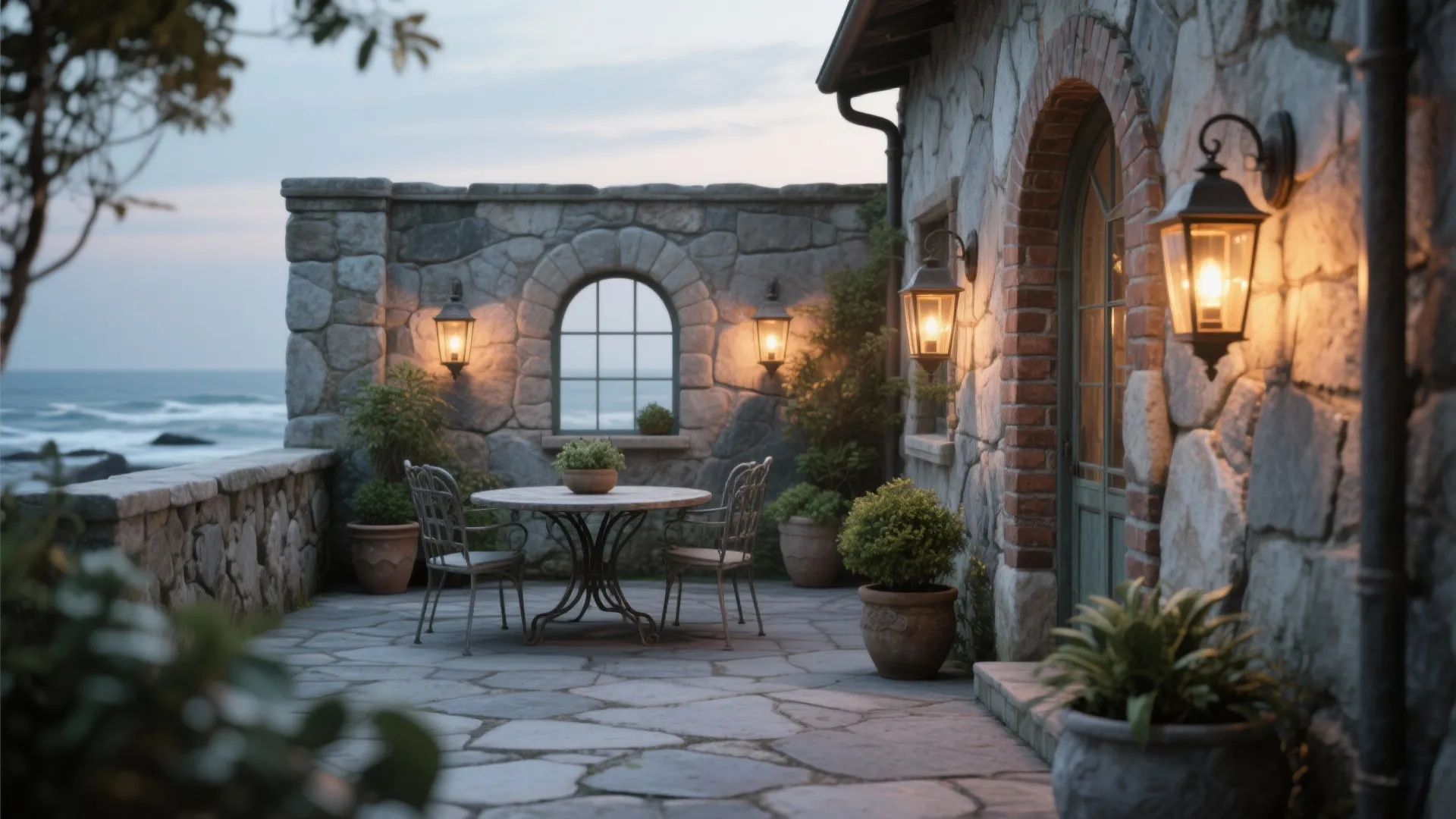 Stone patio with round table and chairs featuring wall light fixtures overlooking the calm ocean