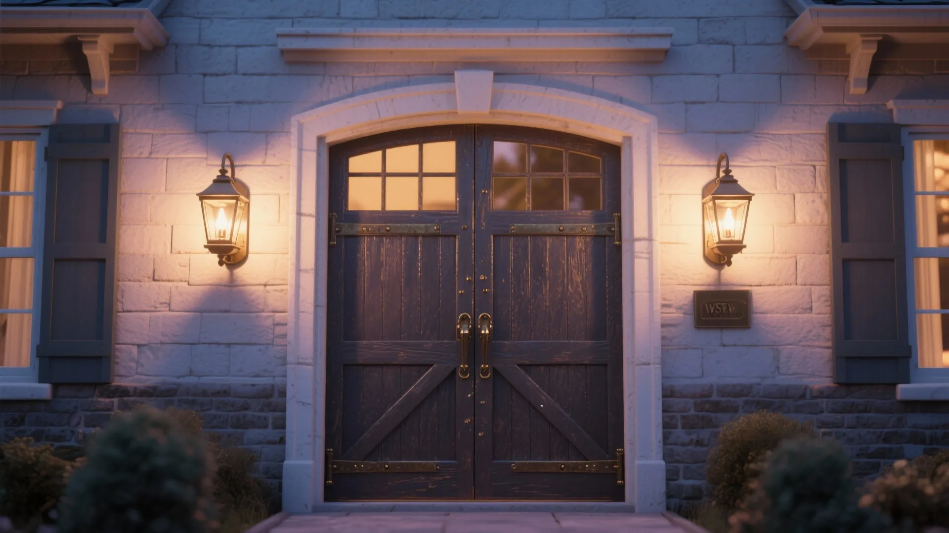 Classic dark wood front door with stone arch and two warm wall lights on brick
