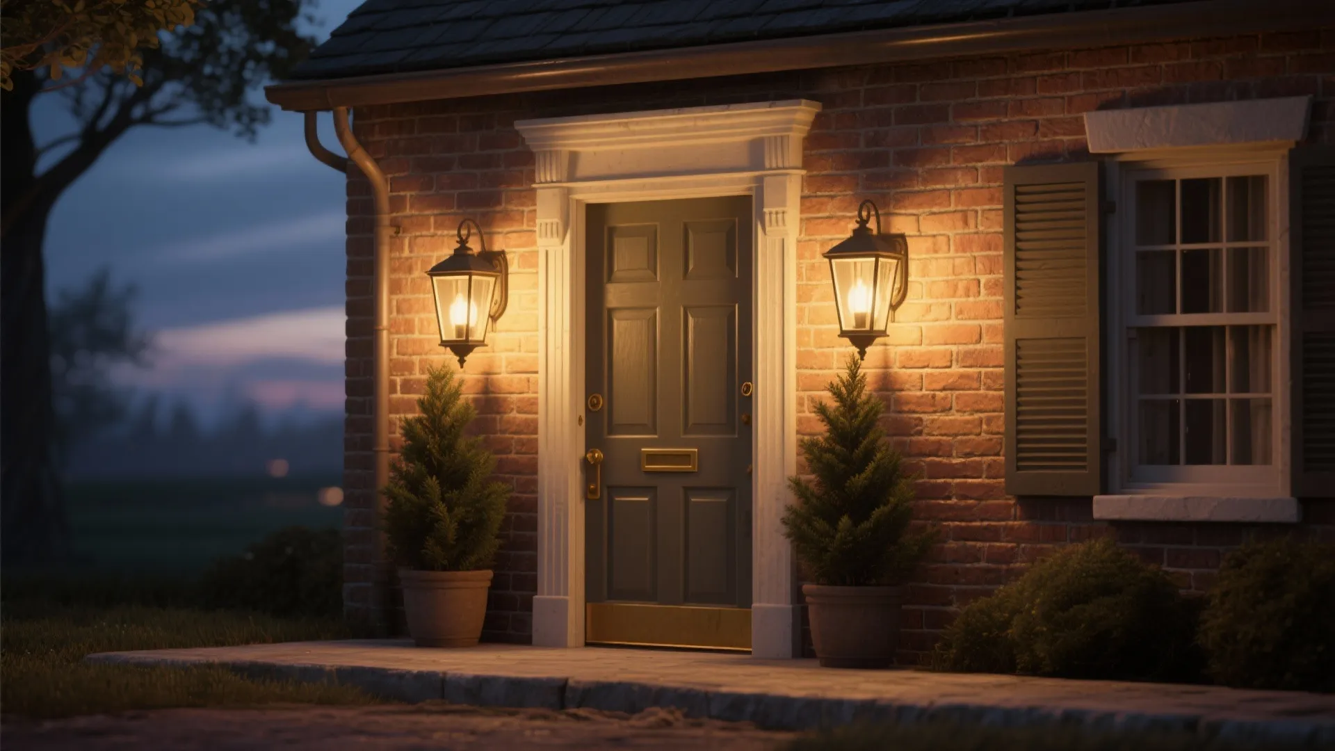 Two classic wall lights glowing beside a front door on a red brick house at night