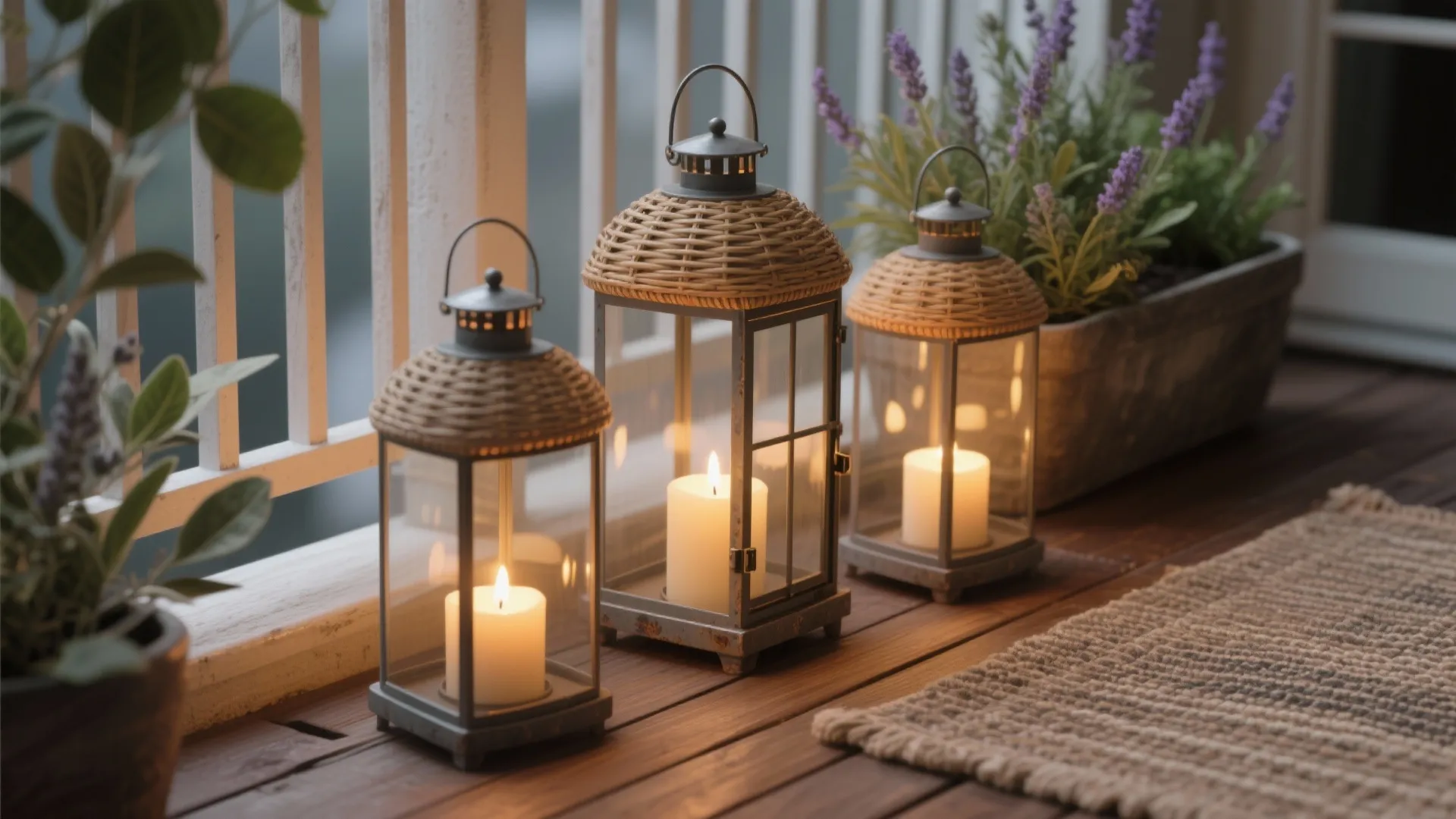 Three glass lanterns with candles on a wooden balcony floor with a small woven rug