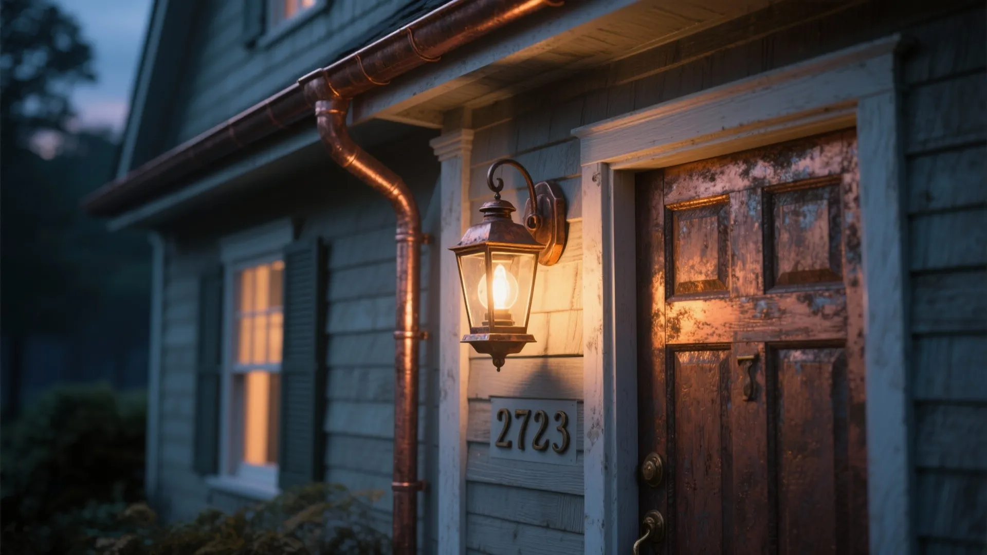 Aged-copper lantern-style wall mount casting warm light beside a cottage door with matching gutters.