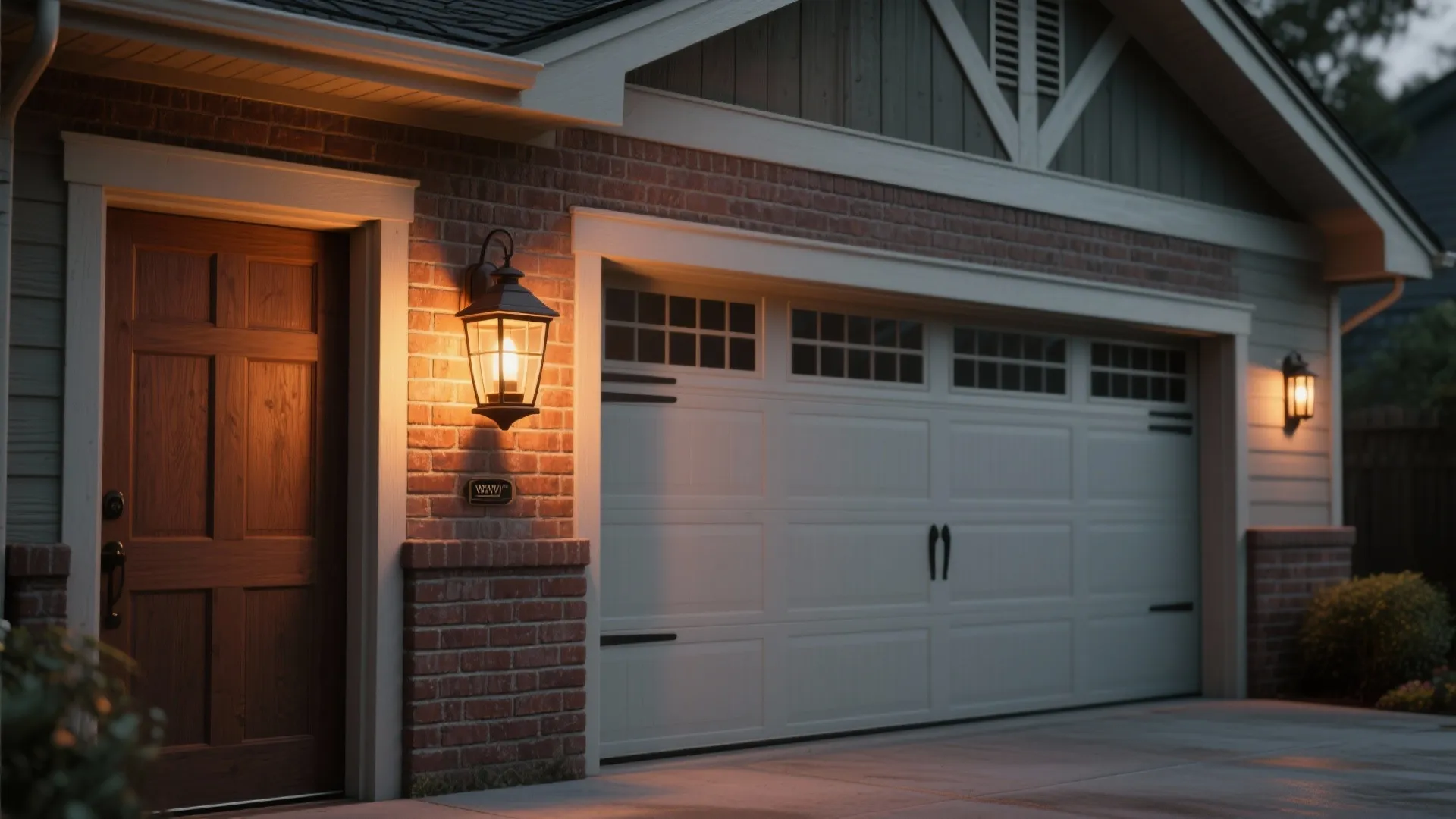 Classic wall light fixture glowing on brick wall next to white garage and wooden door