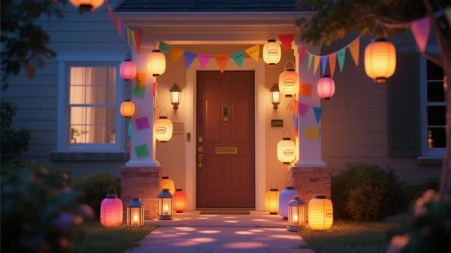 House entrance at night decorated with glowing paper lanterns colorful flags and warm outdoor lights