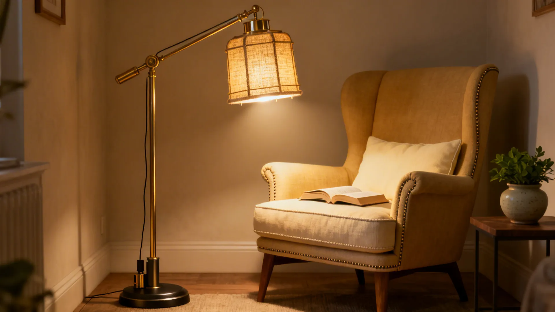 Lantern-style floor lamp with linen shade beside an armchair, providing warm reading light.