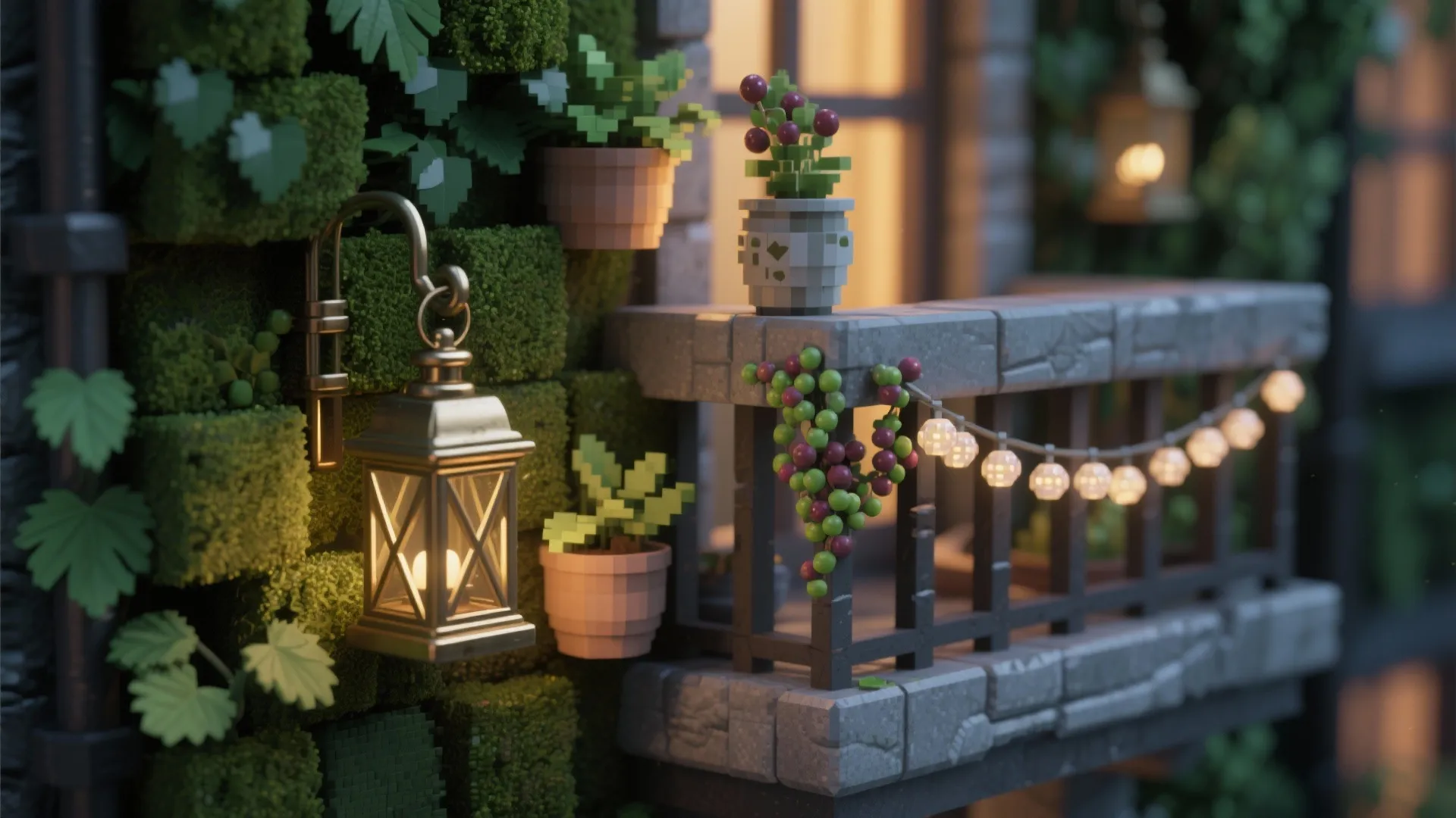 Small blocky balcony garden with green wall gold wall light potted plants and string lights